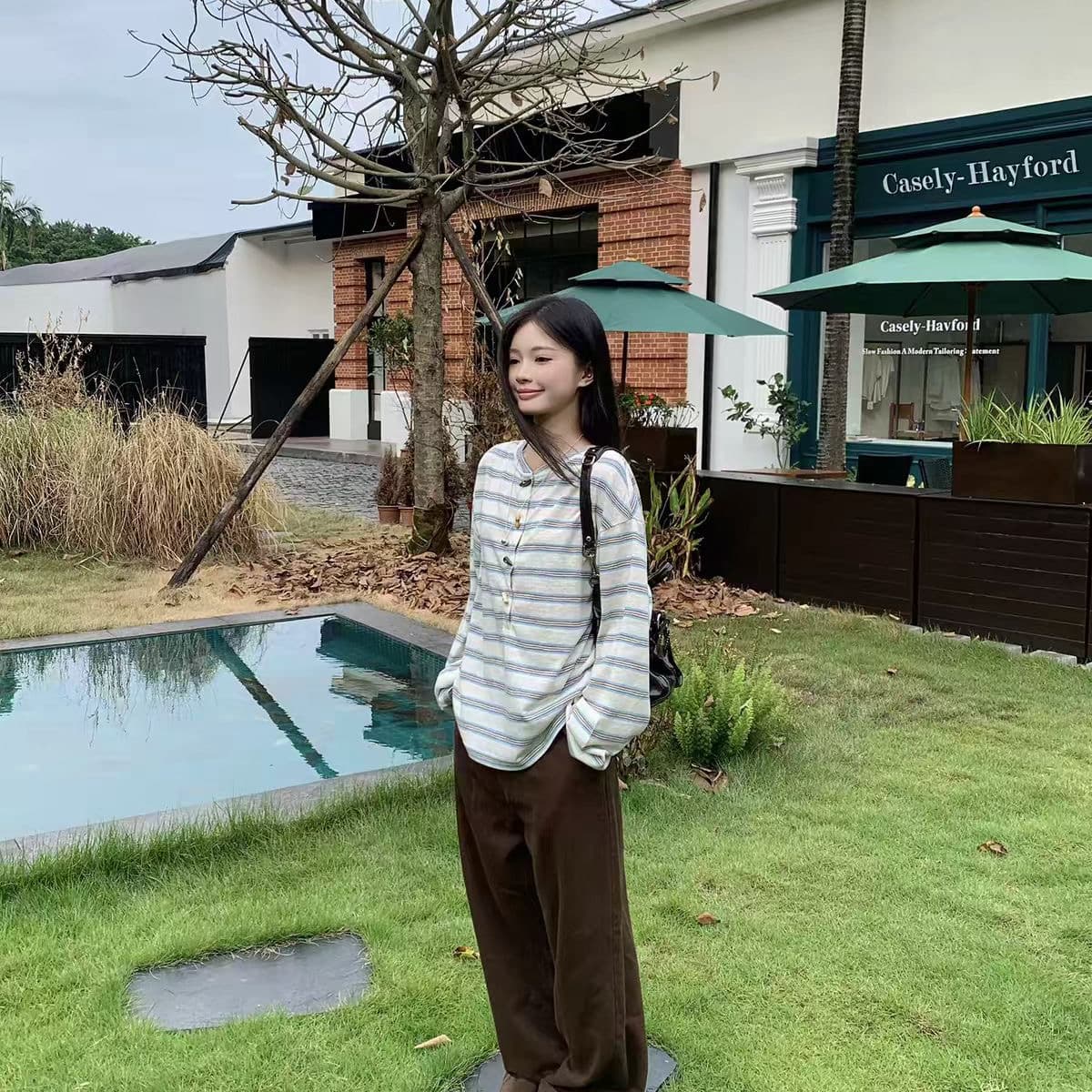 눈꽃 면 스트라이프 단추 한 부서 캠퍼스 바람 긴팔 티셔츠 여성 ins 슈퍼 화재 루즈핏 슬림해 보이는 맨위 이미지 2