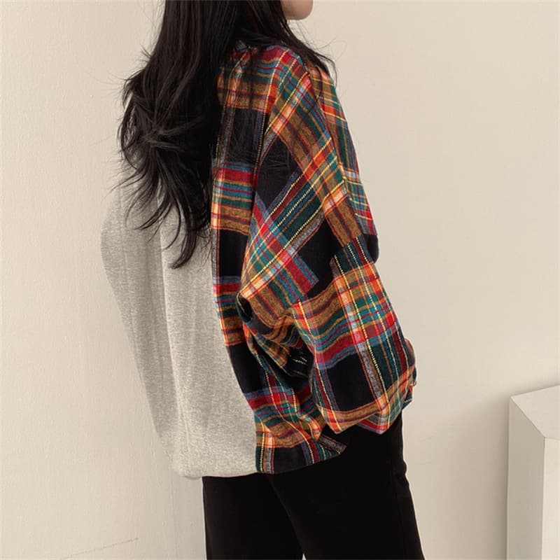 한국 chic 가을 연령 감소 레트로 작은 대중 디자인 센스 품격 라운드 넥 체크무늬 패치워크 루즈핏 긴팔 티셔츠 상세 이미지 2
