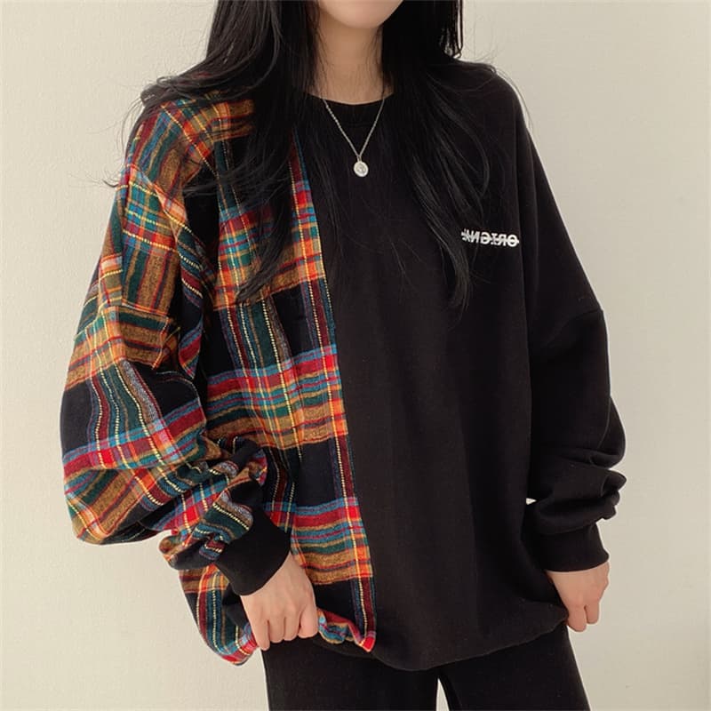 한국 chic 가을 연령 감소 레트로 작은 대중 디자인 센스 품격 라운드 넥 체크무늬 패치워크 루즈핏 긴팔 티셔츠 상세 이미지 4