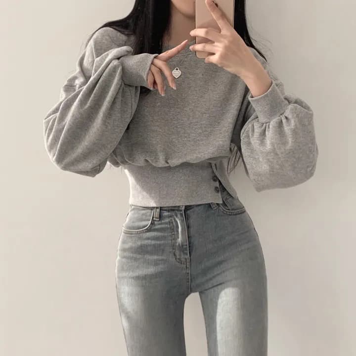 한국 chic 가을 작은 대중 디자인 센스 라운드 넥 부서 버클 허리 수축 슬림해 보이는 긴팔 쇼트 스타일 풀오버 스웨트셔츠 이미지 3