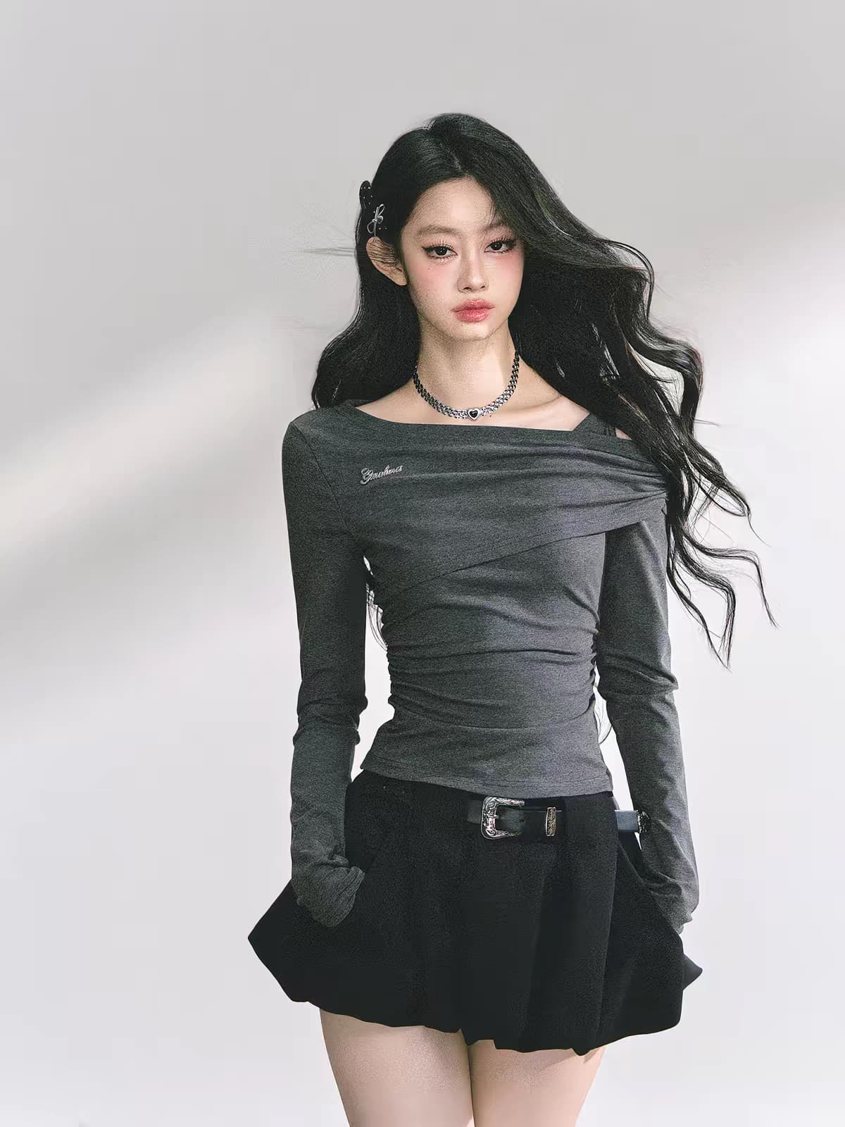 한 부서 비스듬한 칼라 오프숄더 작은 대중 섹시함 기본 셔츠 맨위 이미지 2