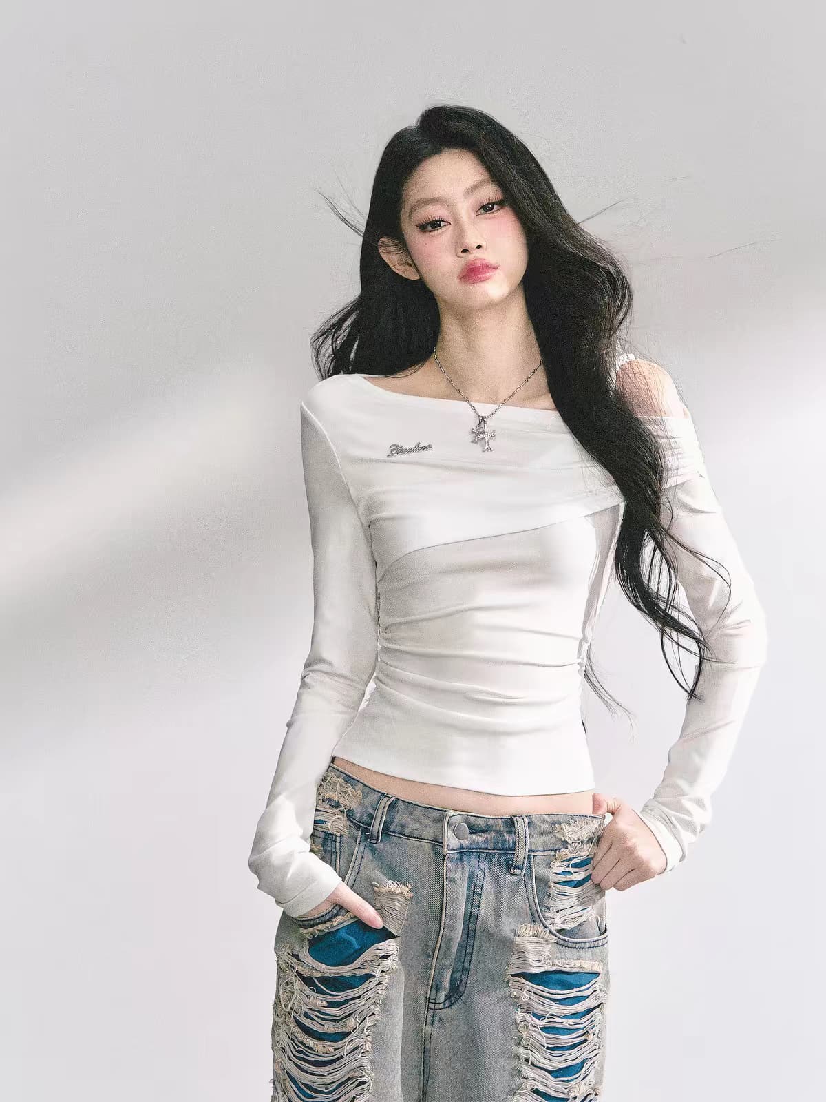 한 부서 비스듬한 칼라 오프숄더 작은 대중 섹시함 기본 셔츠 맨위 이미지 3