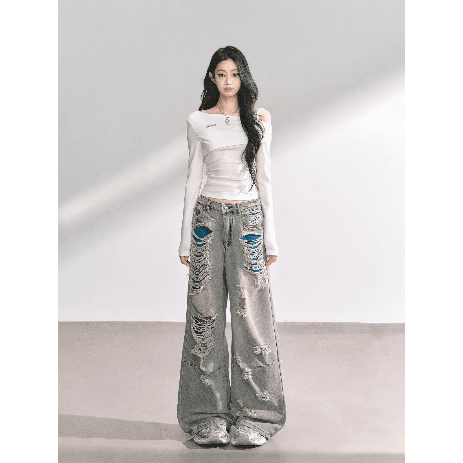 한 부서 비스듬한 칼라 오프숄더 작은 대중 섹시함 기본 셔츠 맨위 이미지 5