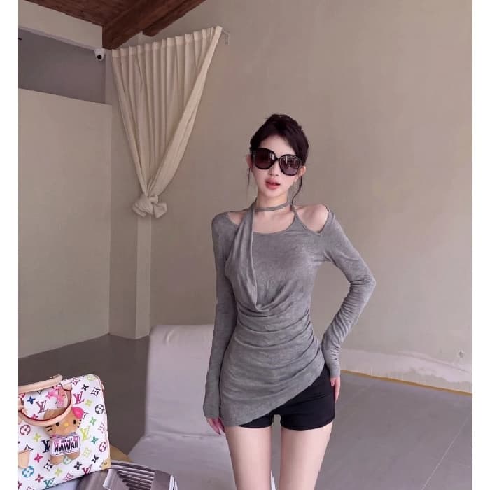 와 사고 방식 디자인 센스 행침 목 회색 긴팔 티셔츠 여성 가을 불규칙 몸매 가꾸기 주름 기본 셔츠 상세 이미지 1