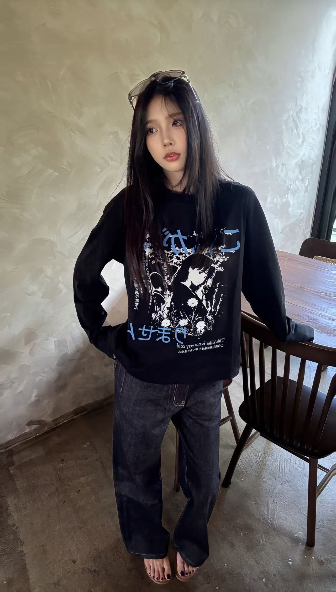 높은 품질 순면 200그램 21 빗질하다 정밀 프린트 가을 루즈핏 긴팔 티셔츠 여성 이미지 4