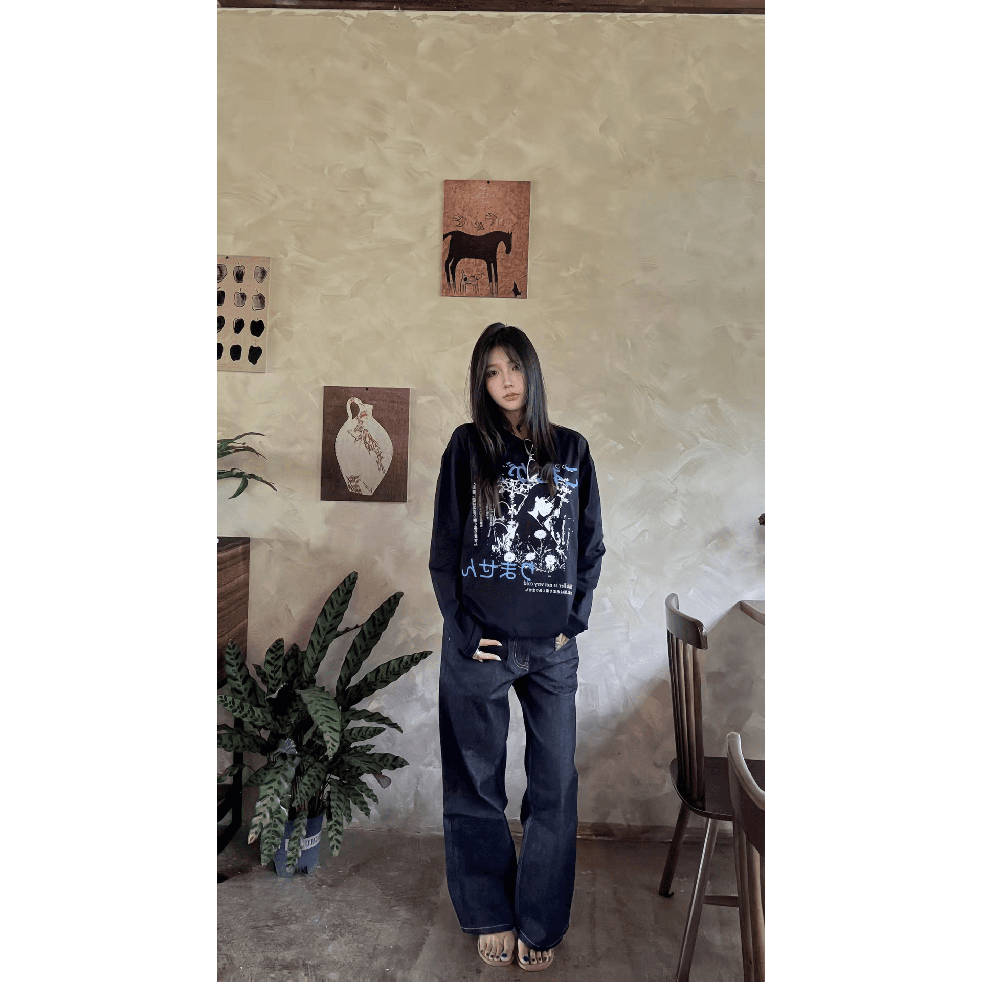 높은 품질 순면 200그램 21 빗질하다 정밀 프린트 가을 루즈핏 긴팔 티셔츠 여성 이미지 5