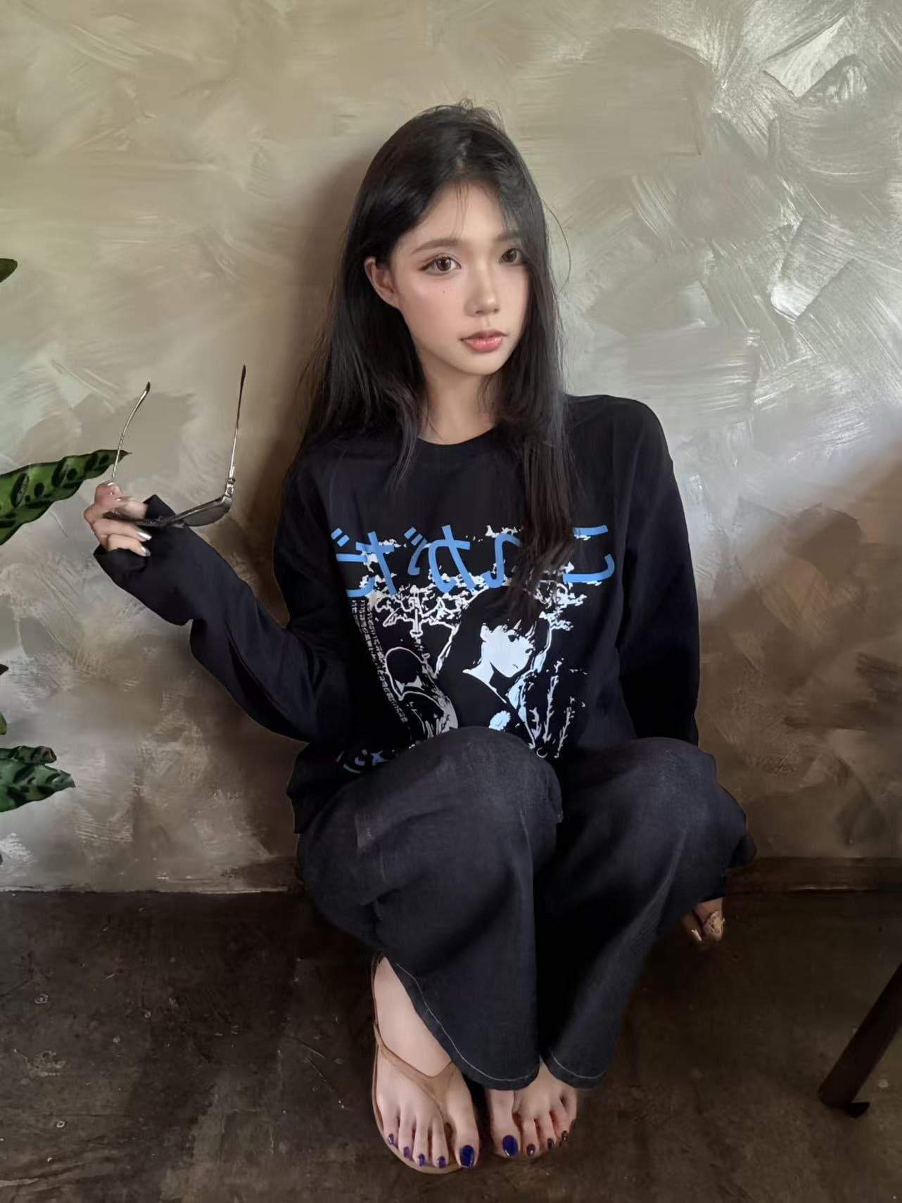 높은 품질 순면 200그램 21 빗질하다 정밀 프린트 가을 루즈핏 긴팔 티셔츠 여성 상세 이미지 2