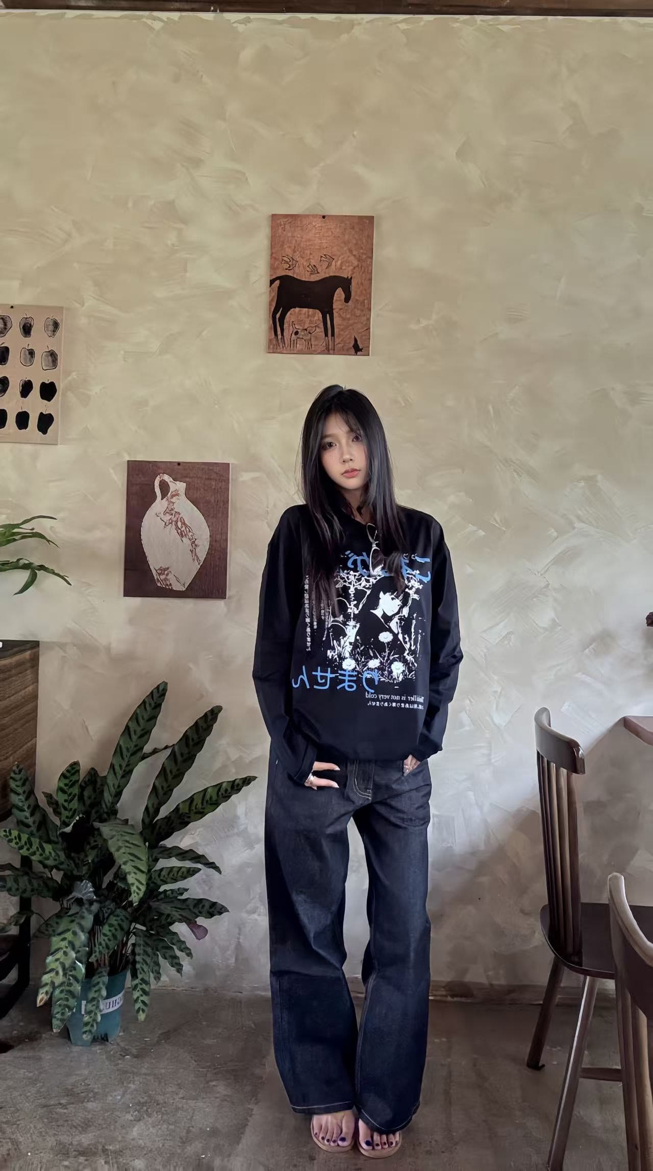 높은 품질 순면 200그램 21 빗질하다 정밀 프린트 가을 루즈핏 긴팔 티셔츠 여성 상세 이미지 4