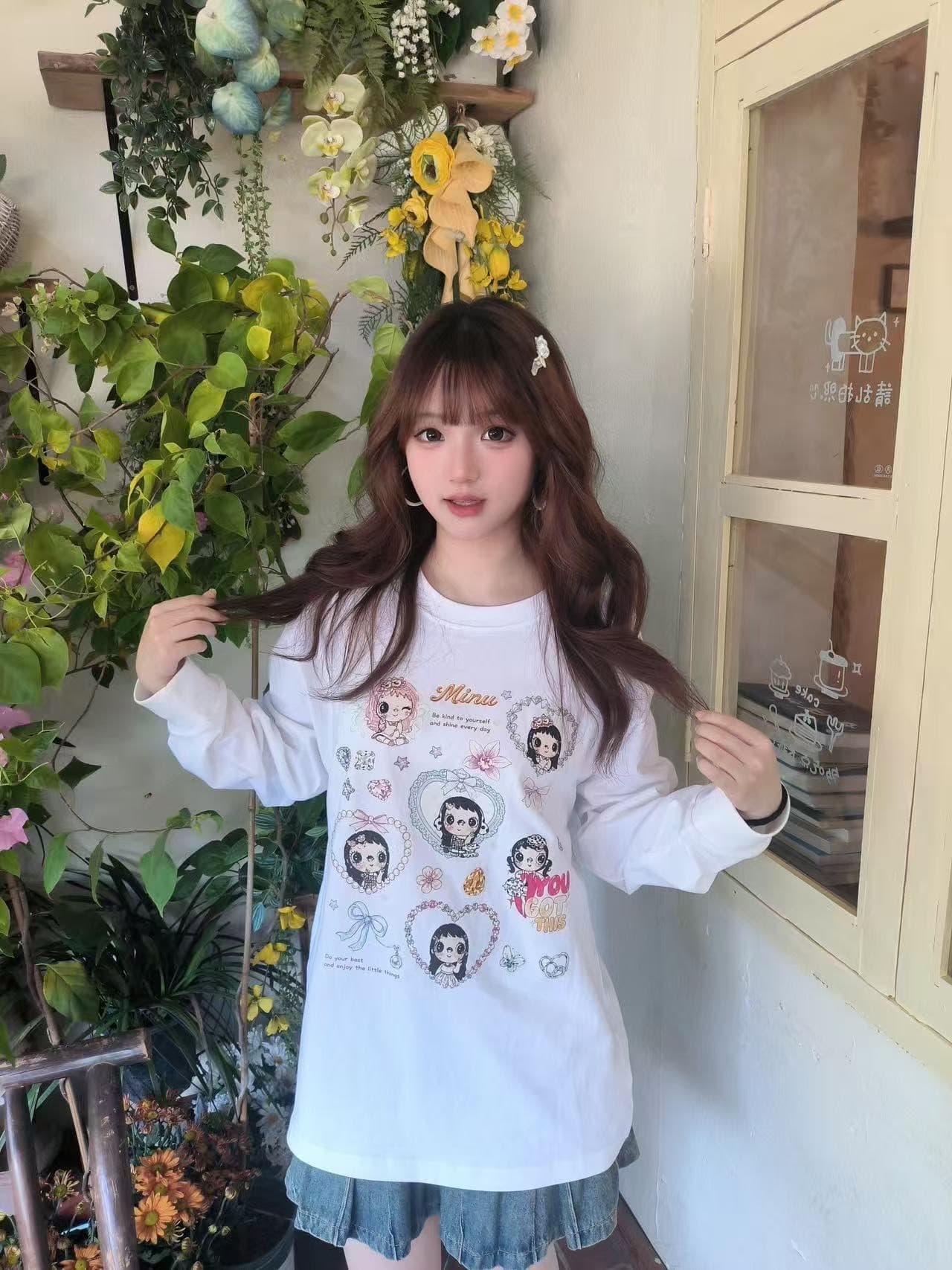 높은 품질 순면 200그램 21 빗질하다 정밀 프린트 가을 루즈핏 뭉치 구두 긴팔 티셔츠 여성 상세 이미지 1