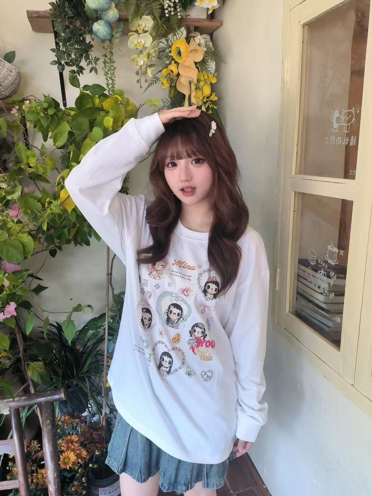 높은 품질 순면 200그램 21 빗질하다 정밀 프린트 가을 루즈핏 뭉치 구두 긴팔 티셔츠 여성 상세 이미지 2