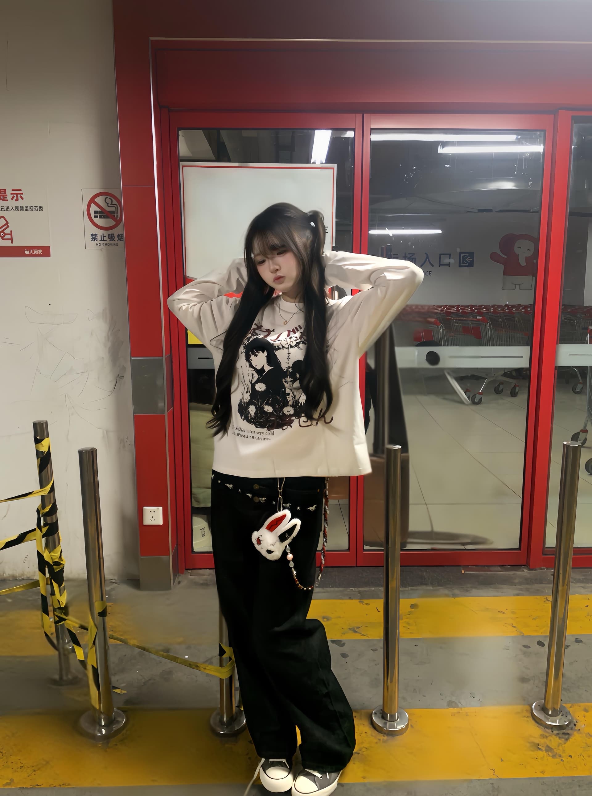 높은 품질 순면 200그램 21 빗질하다 정밀 프린트 가을 루즈핏 긴팔 티셔츠 여성 상세 이미지 1