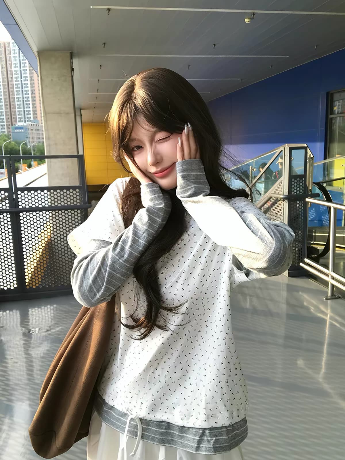 프린트 40 순면 230 크 페이크 레이어드 긴팔