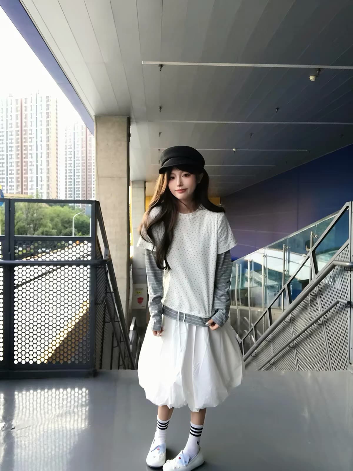 프린트 40 순면 230 크 페이크 레이어드 긴팔 상세 이미지 3