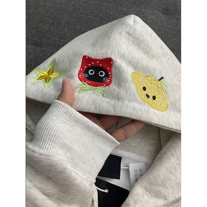 순면 복합 우유 실크 아메리칸 레트로 무거운 작업 자수 고양이 프린트 재킷 고양이 후드 티 스웨터 상세 이미지 2