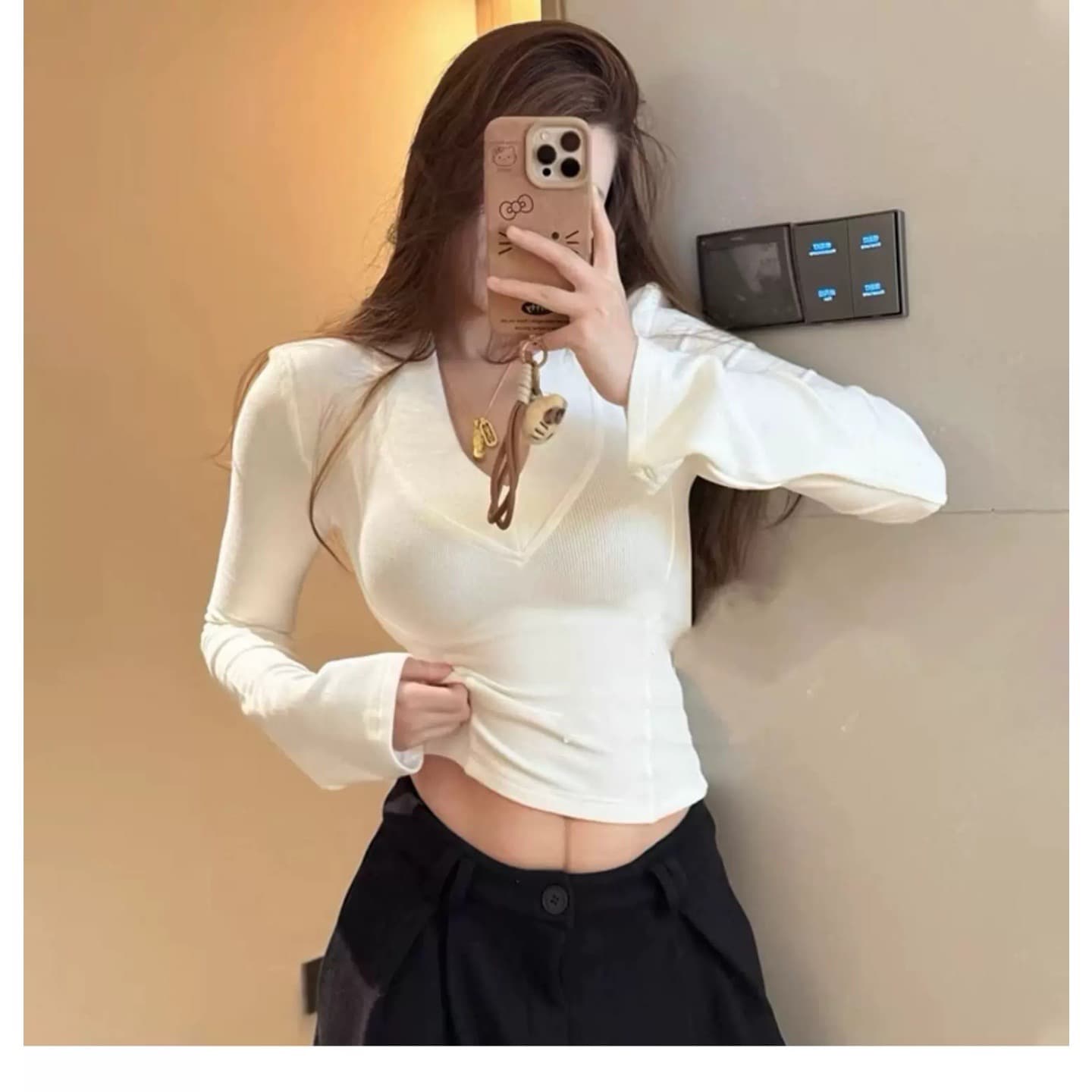 아메리칸 출퇴근 다용도 V넥 긴팔 티셔츠 여성 순수한 욕망 몸매 가꾸기 품격 인사이드 가져 가라. 이미지 3