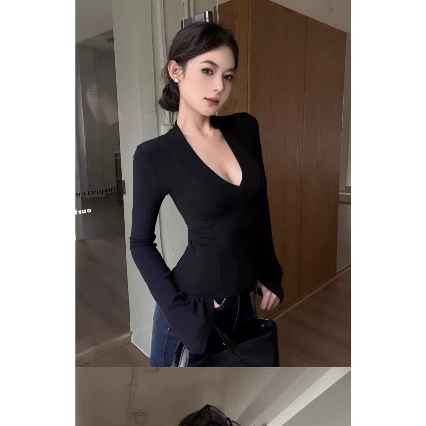 아메리칸 출퇴근 다용도 V넥 긴팔 티셔츠 여성 순수한 욕망 몸매 가꾸기 품격 인사이드 가져 가라. 이미지 4
