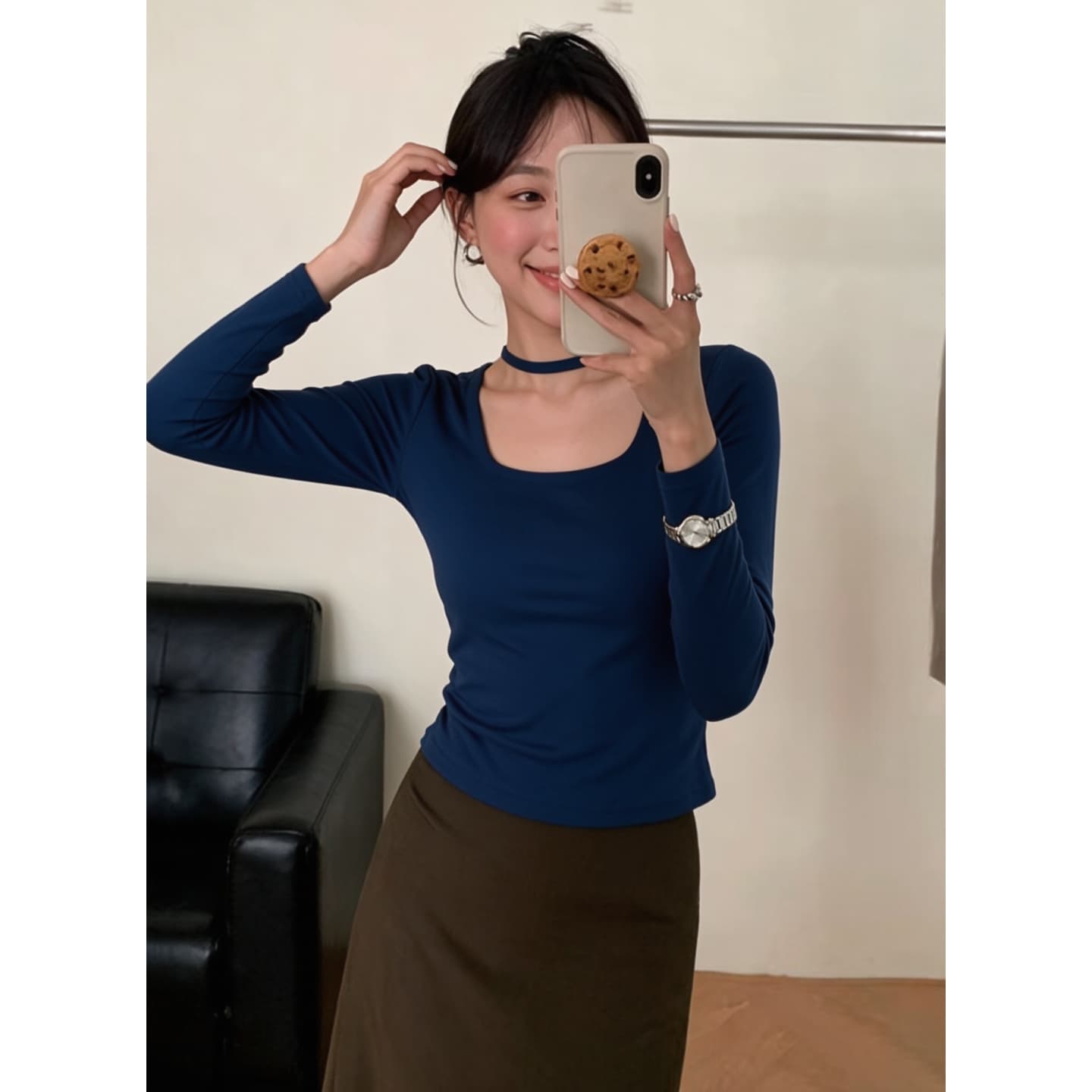 경관 그림 와 사고 방식 모달 260 그램 1 1 패션 프랑스식 달콤함 블루 색상 긴팔 기본 셔츠