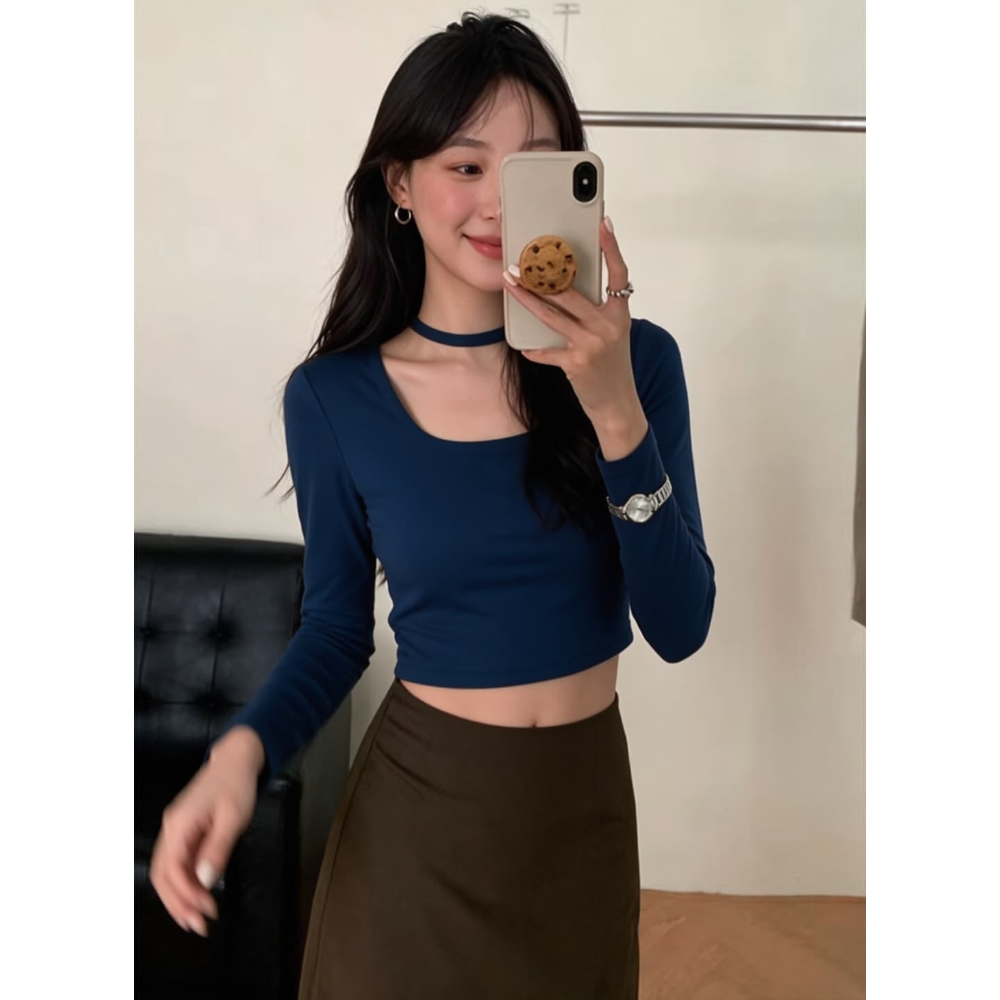 경관 그림 와 사고 방식 모달 260 그램 1 1 패션 프랑스식 달콤함 블루 색상 긴팔 기본 셔츠 상세 이미지 2