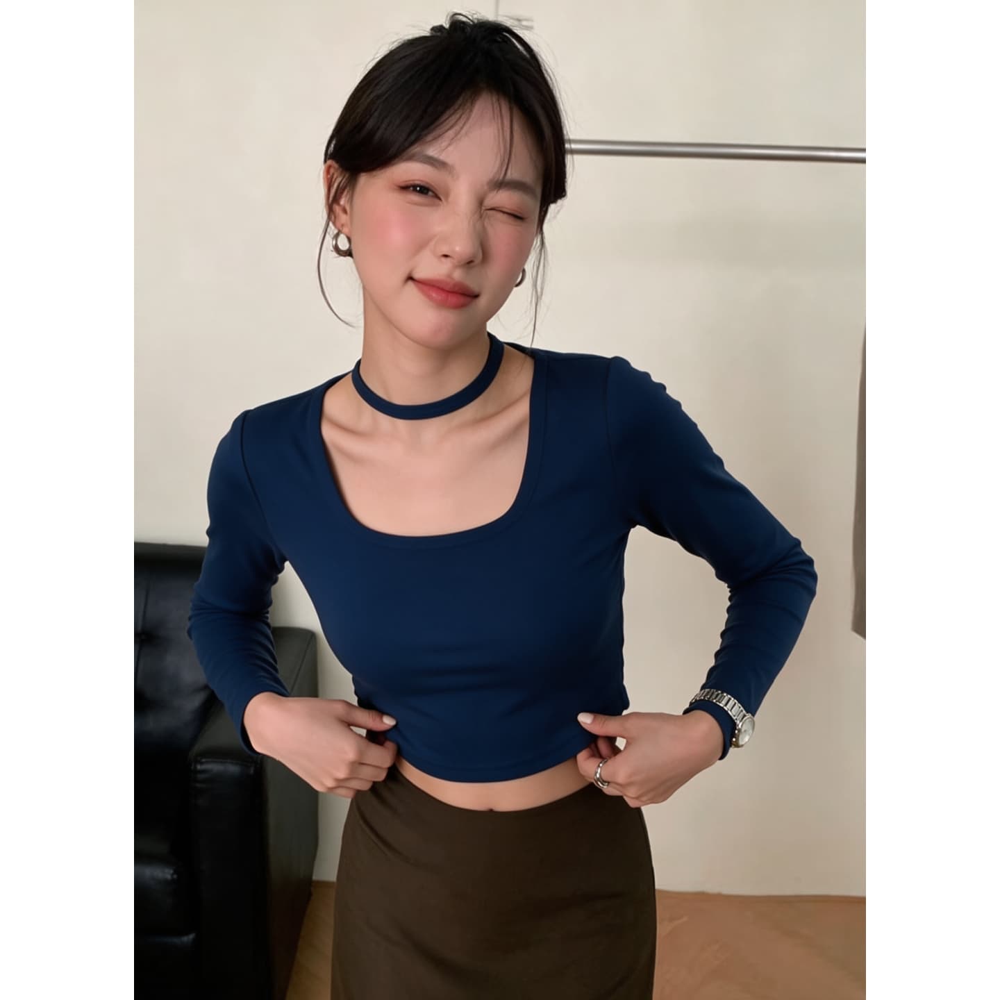 경관 그림 와 사고 방식 모달 260 그램 1 1 패션 프랑스식 달콤함 블루 색상 긴팔 기본 셔츠 상세 이미지 4