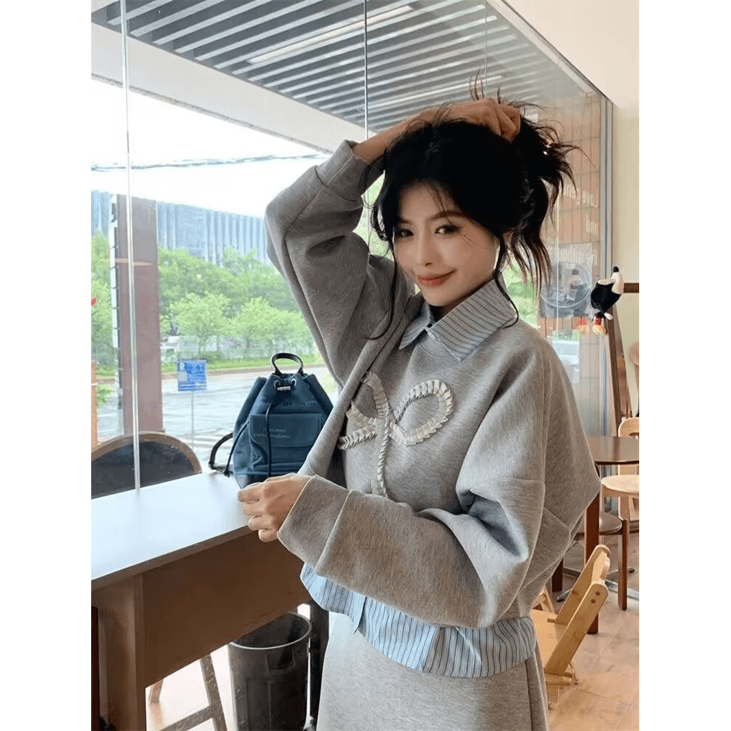 모방 면 사선 무늬 당겨 프레임 250그램 캐주얼 세트 여성 가을 페이크 레이어드 패션 긴팔 치마 L 투피스 세트 이미지 5