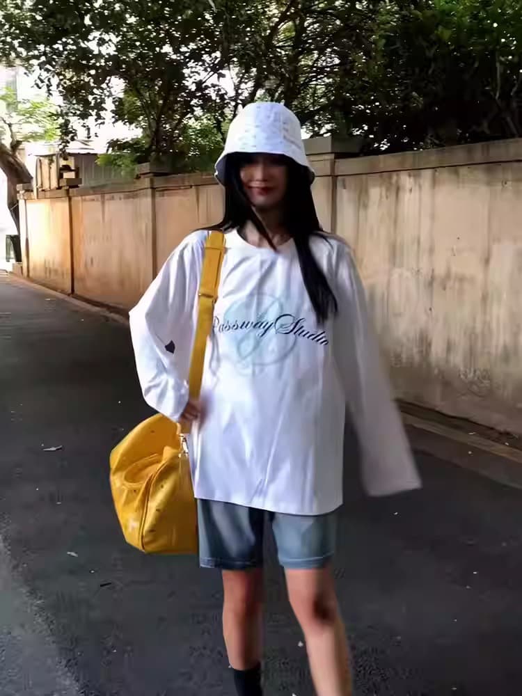 높은 품질 순면 200그램 21 빗질하다 정밀 프린트 가을 루즈핏 긴팔 티셔츠 여성 이미지 4