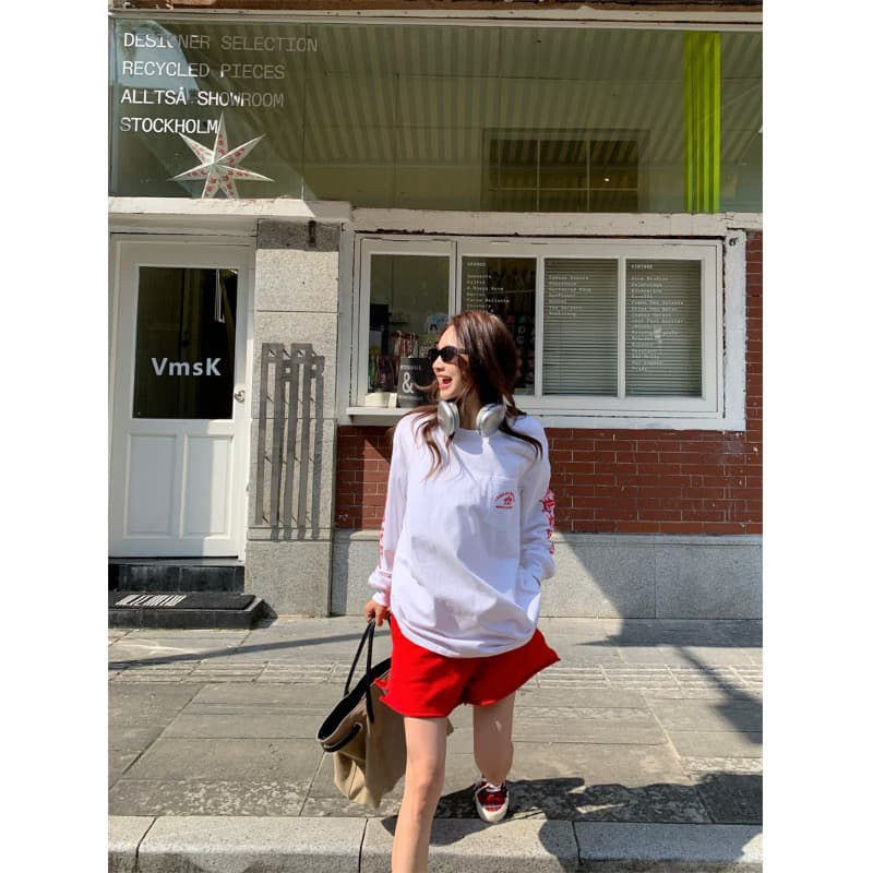 주문 주머니 프린트 긴팔 티셔츠 순면 220 그램 면 이후 패키지 칼라 새로운 라운드 넥 프린트 맨위 상세 이미지 1