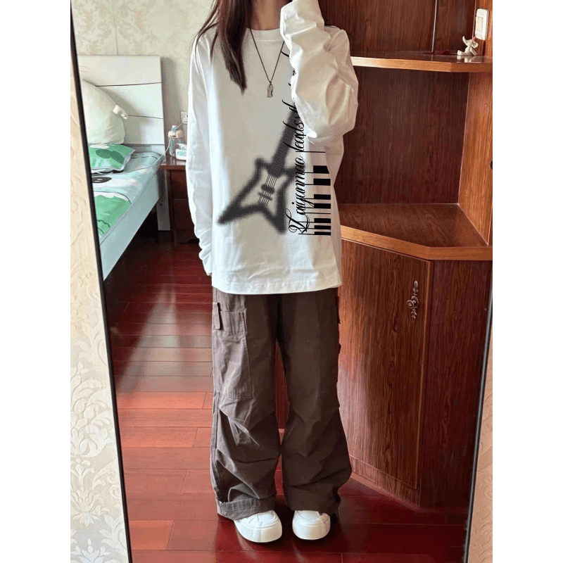 높은 품질 순면 200그램 21 빗질하다 정밀 프린트 가을 긴팔 티셔츠 여성 이미지 5
