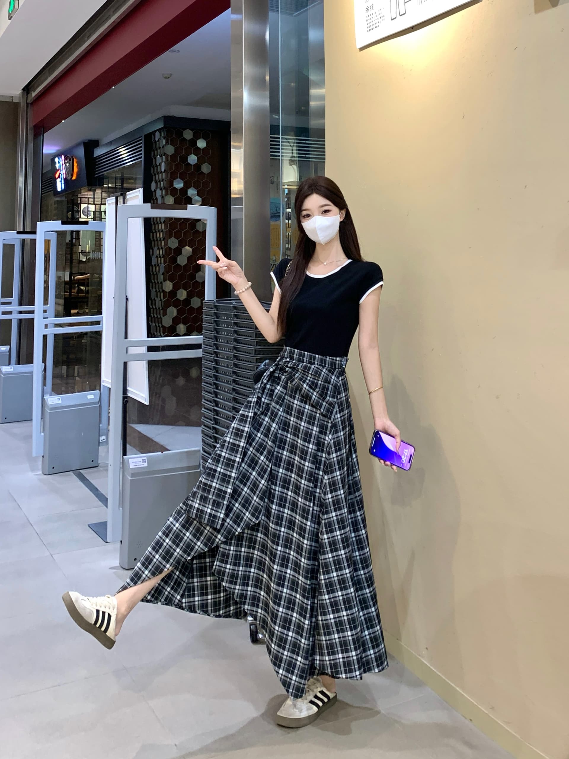 실사 빅 사이즈 작은 대중 허리 수축 슬림해 보이는 검정색 맨위 패치워크 불규칙 캐주얼 체크무늬 페이크 레이어드 드레스 상세 이미지 1