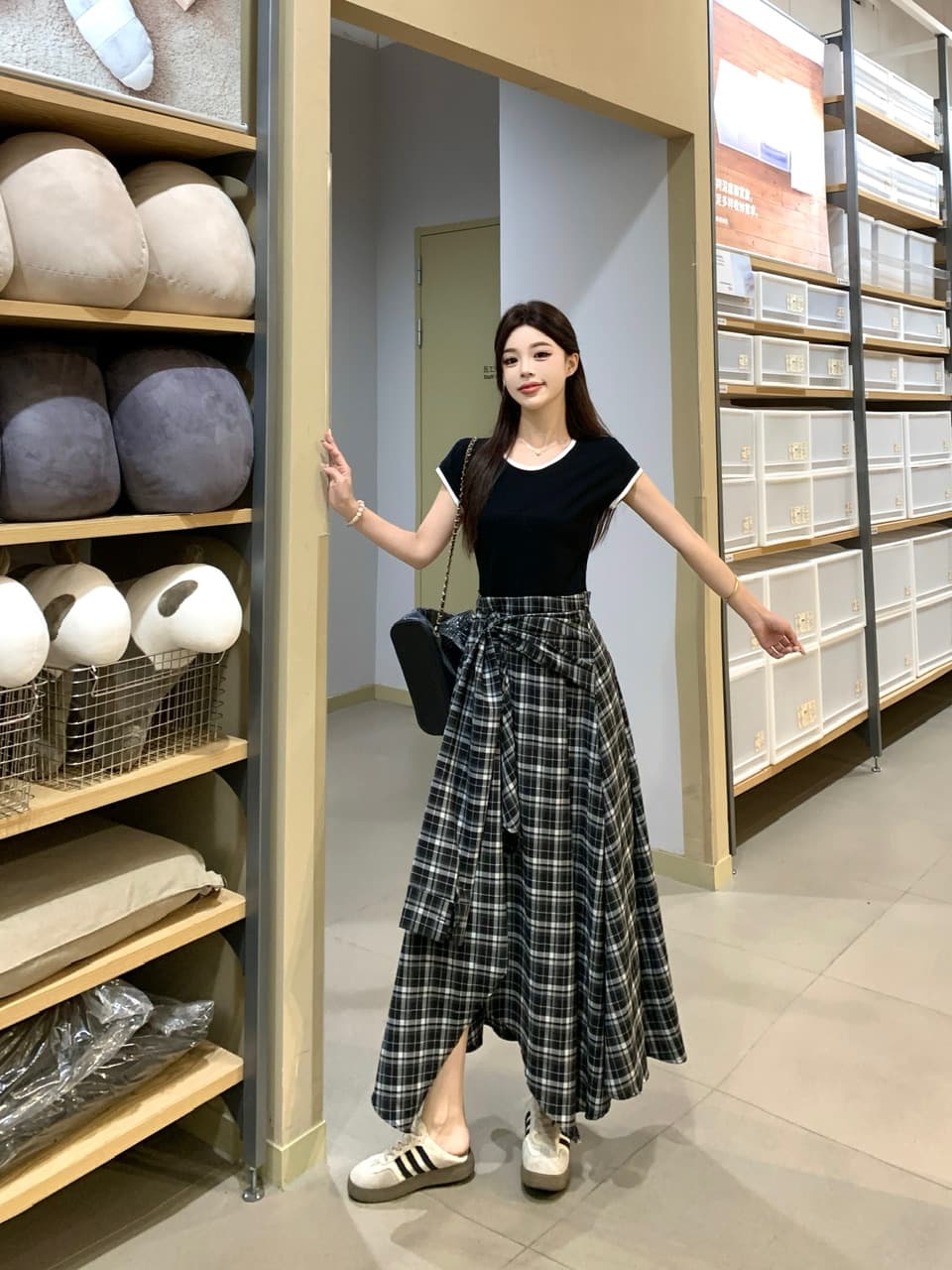 실사 빅 사이즈 작은 대중 허리 수축 슬림해 보이는 검정색 맨위 패치워크 불규칙 캐주얼 체크무늬 페이크 레이어드 드레스 상세 이미지 3