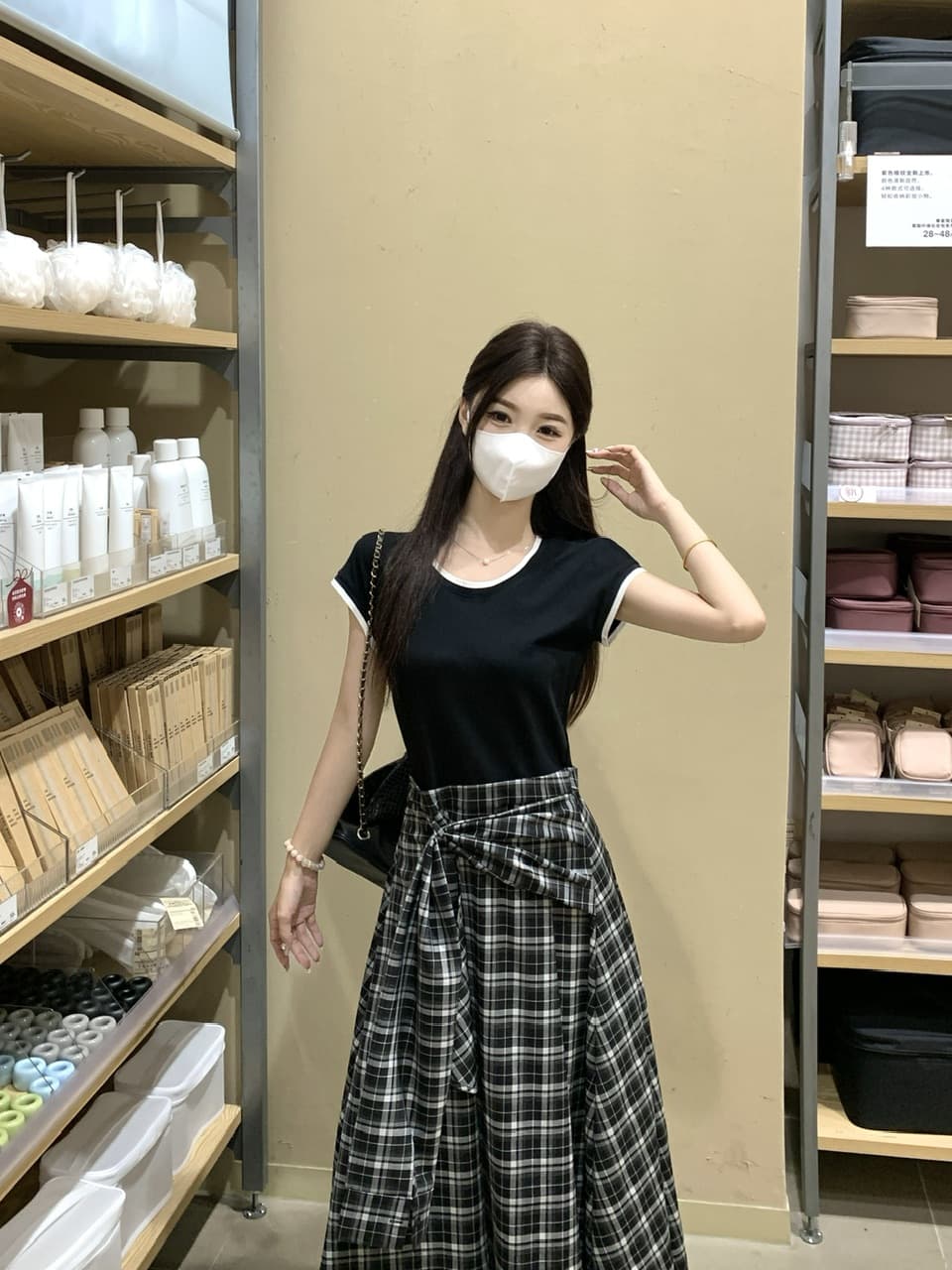 실사 빅 사이즈 작은 대중 허리 수축 슬림해 보이는 검정색 맨위 패치워크 불규칙 캐주얼 체크무늬 페이크 레이어드 드레스 상세 이미지 10