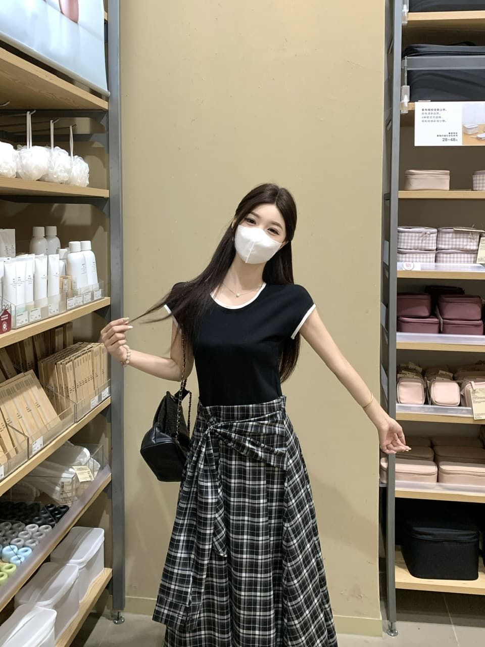 실사 빅 사이즈 작은 대중 허리 수축 슬림해 보이는 검정색 맨위 패치워크 불규칙 캐주얼 체크무늬 페이크 레이어드 드레스 상세 이미지 12
