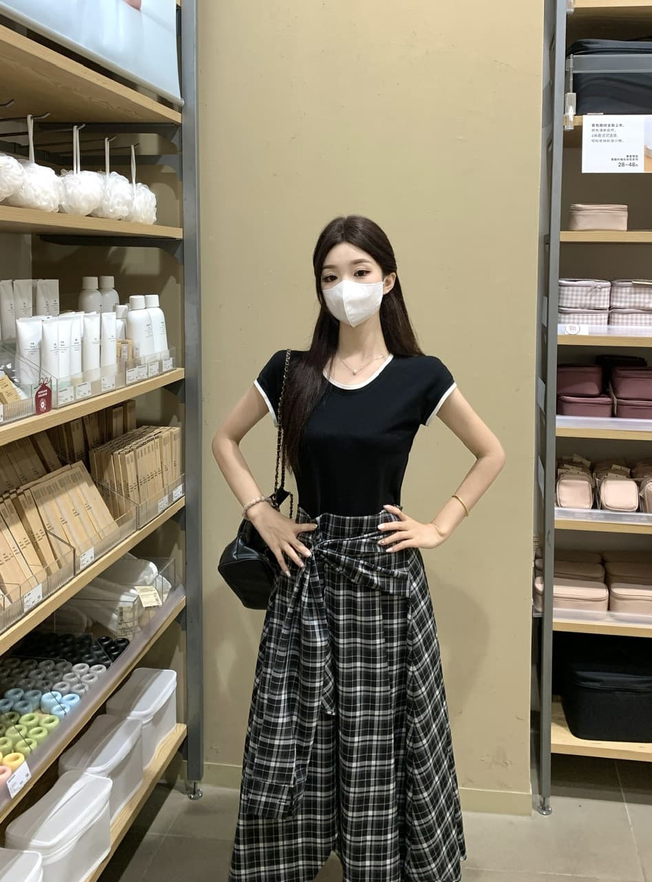 실사 빅 사이즈 작은 대중 허리 수축 슬림해 보이는 검정색 맨위 패치워크 불규칙 캐주얼 체크무늬 페이크 레이어드 드레스 상세 이미지 14