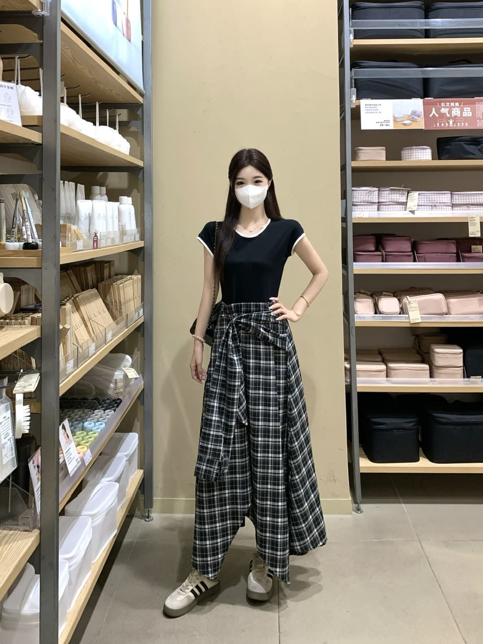 실사 빅 사이즈 작은 대중 허리 수축 슬림해 보이는 검정색 맨위 패치워크 불규칙 캐주얼 체크무늬 페이크 레이어드 드레스 상세 이미지 17