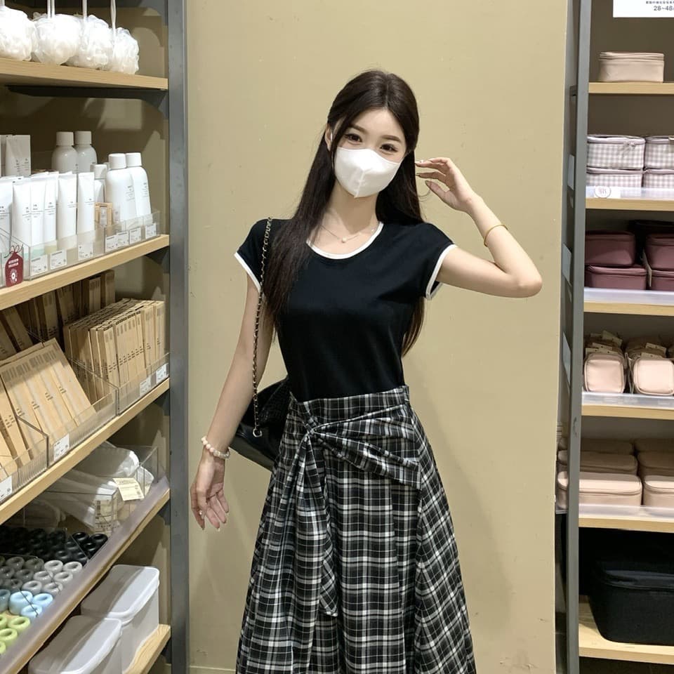 실사 빅 사이즈 작은 대중 허리 수축 슬림해 보이는 검정색 맨위 패치워크 불규칙 캐주얼 체크무늬 페이크 레이어드 드레스 이미지 5