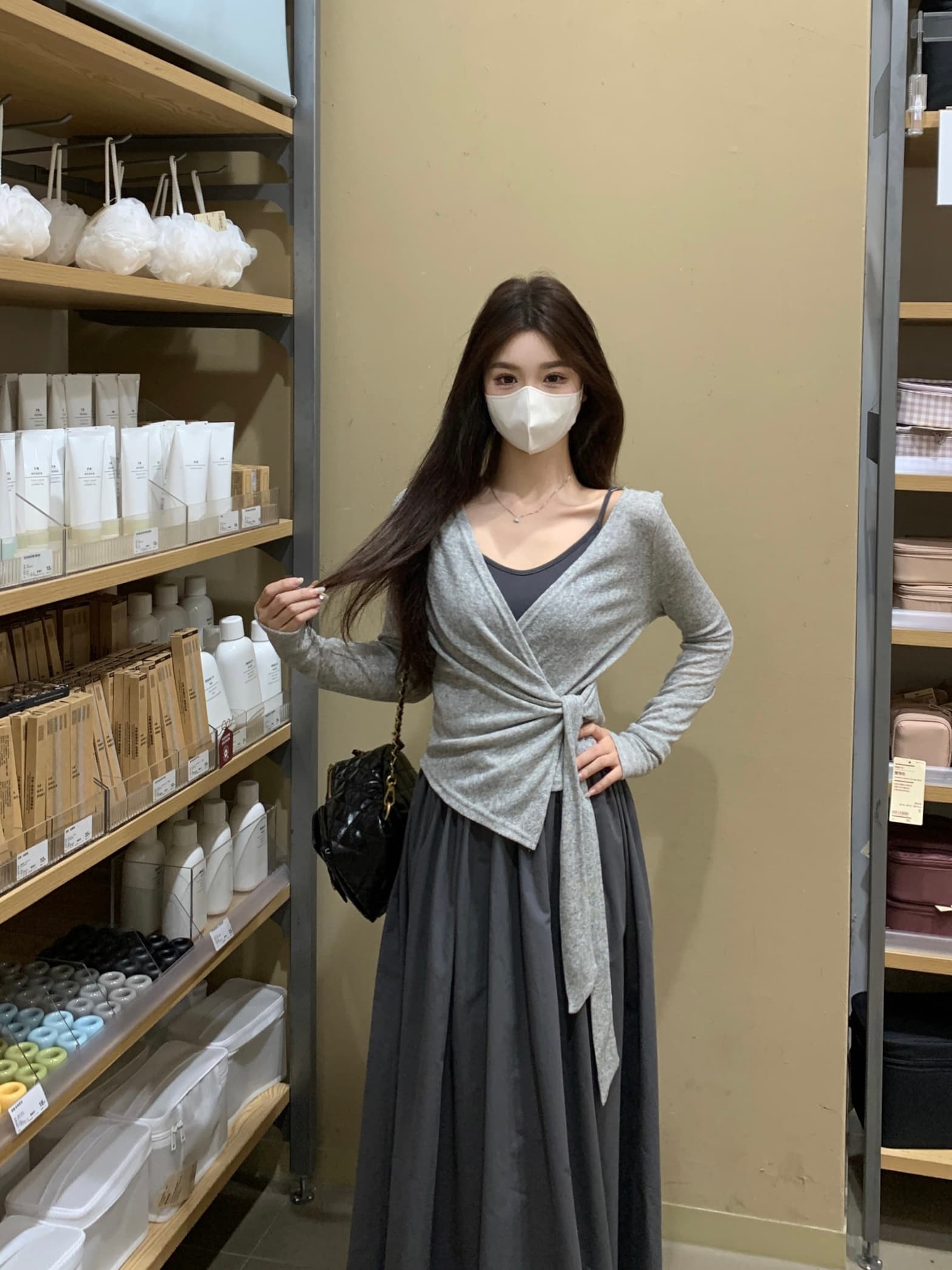 실사 빅 사이즈 분위기 센스 한 부서 디자인 스트랩 긴팔 티셔츠 외출용 자외선 차단 슬립 드레스 투피스 세트 상세 이미지 5