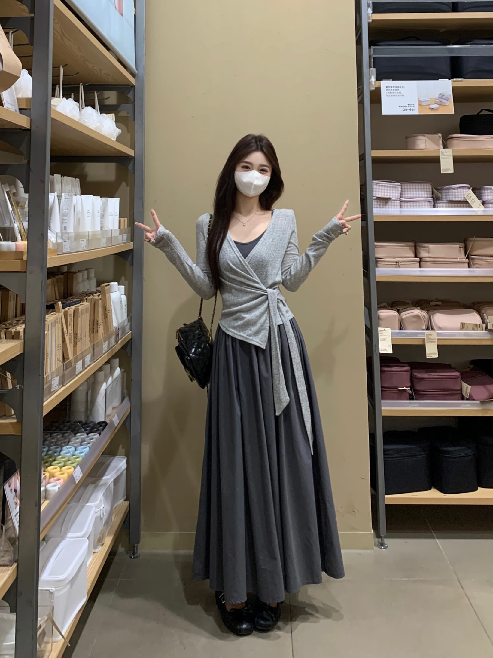 실사 빅 사이즈 분위기 센스 한 부서 디자인 스트랩 긴팔 티셔츠 외출용 자외선 차단 슬립 드레스 투피스 세트 상세 이미지 9