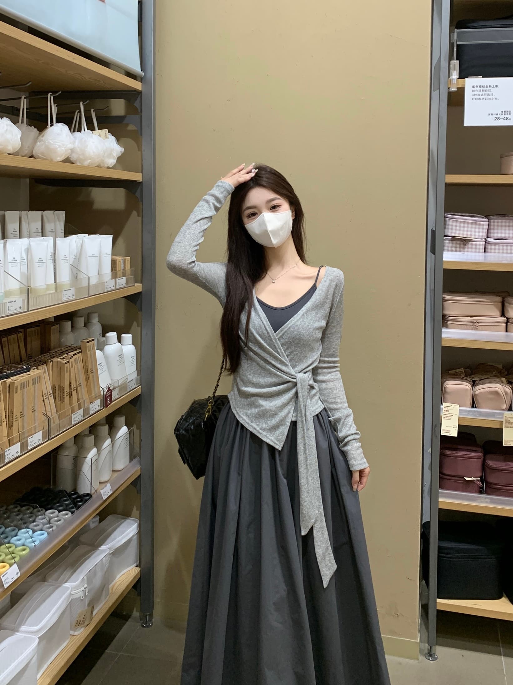 실사 빅 사이즈 분위기 센스 한 부서 디자인 스트랩 긴팔 티셔츠 외출용 자외선 차단 슬립 드레스 투피스 세트 상세 이미지 11