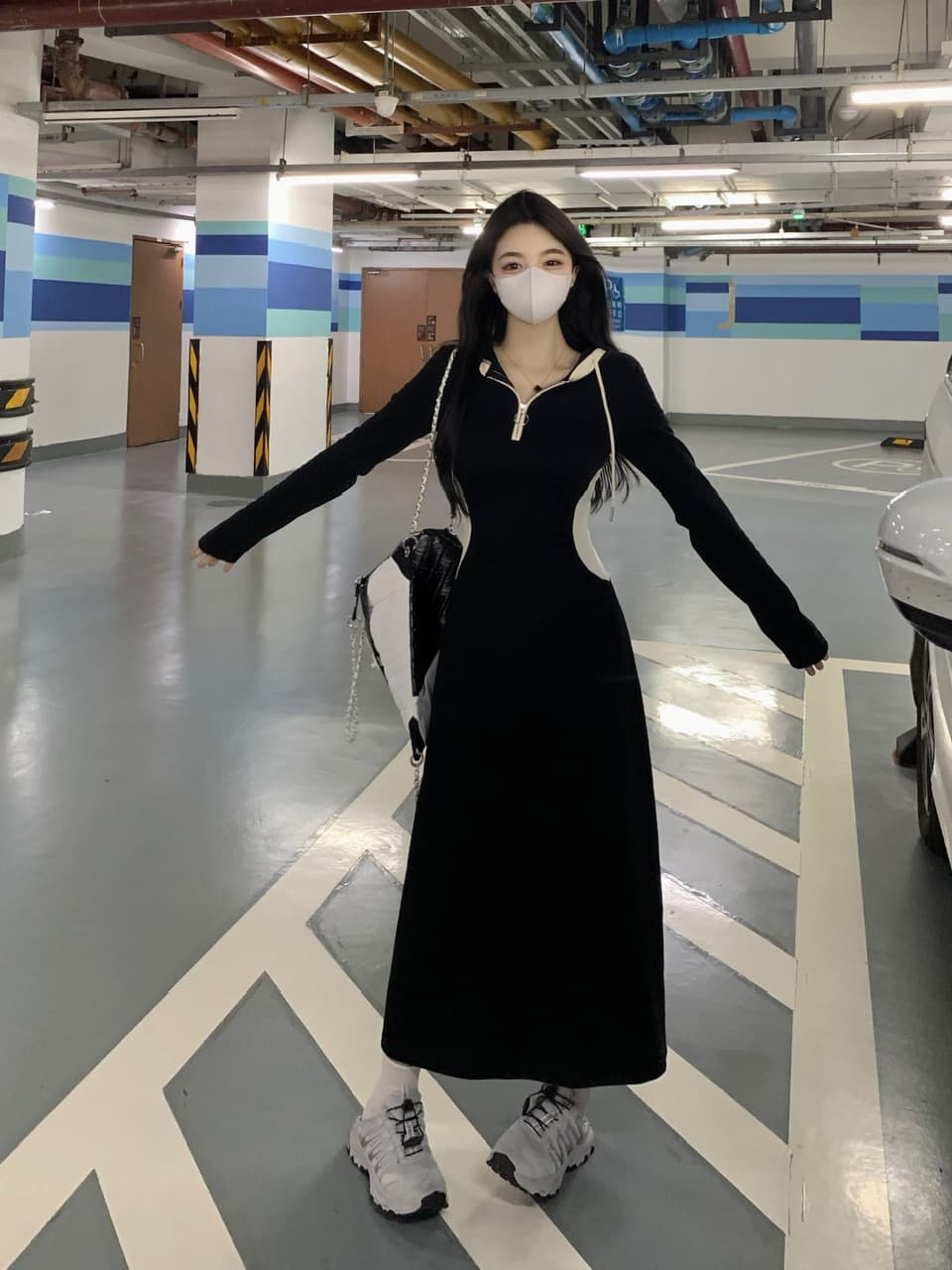 실사 빅 사이즈 배색 후드 긴팔 여성 드레스 가을 검정색 치마 디자인 센스 무릎 아래 Chic 롱 스커트 상세 이미지 5