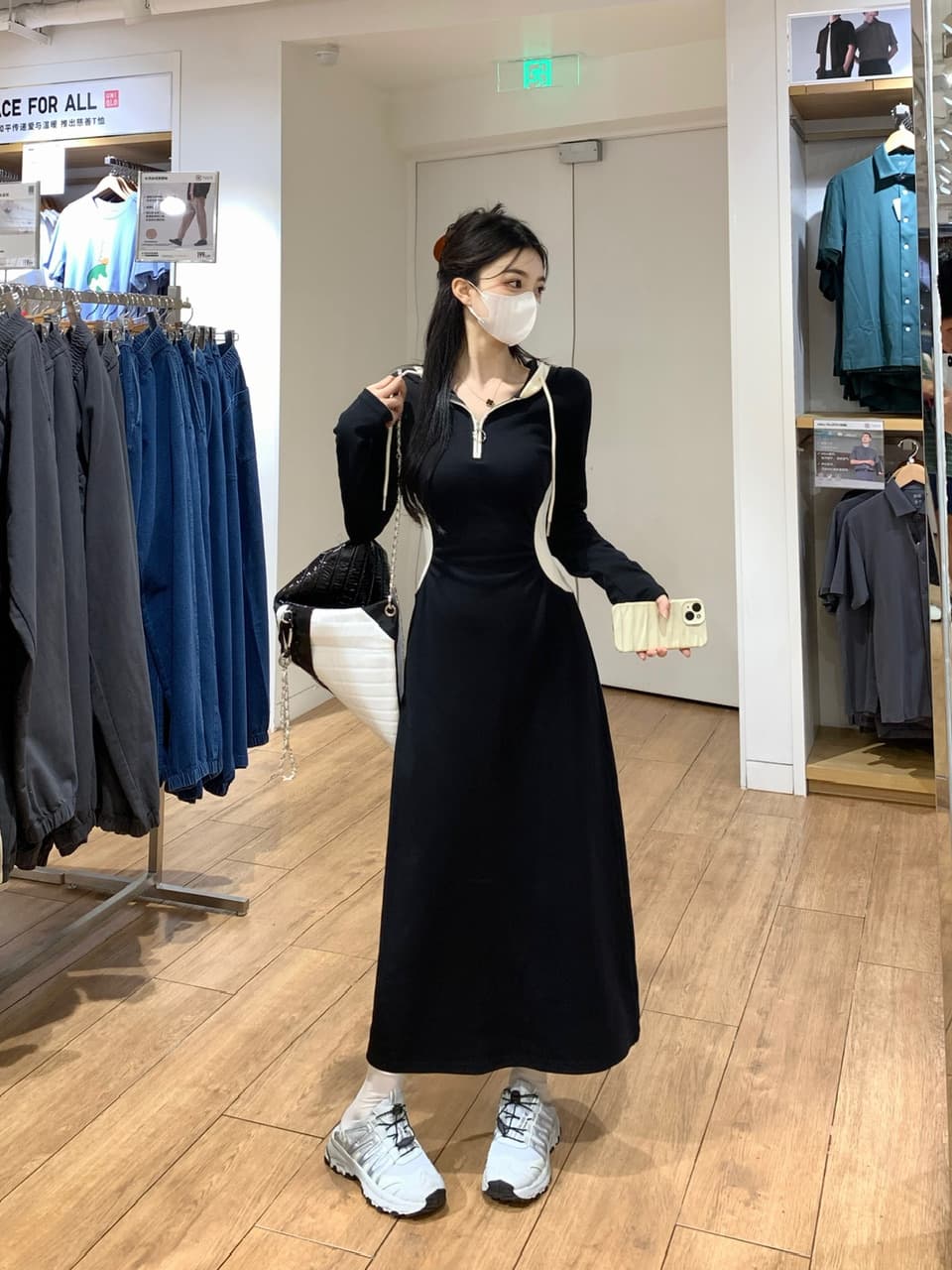 실사 빅 사이즈 배색 후드 긴팔 여성 드레스 가을 검정색 치마 디자인 센스 무릎 아래 Chic 롱 스커트 상세 이미지 6