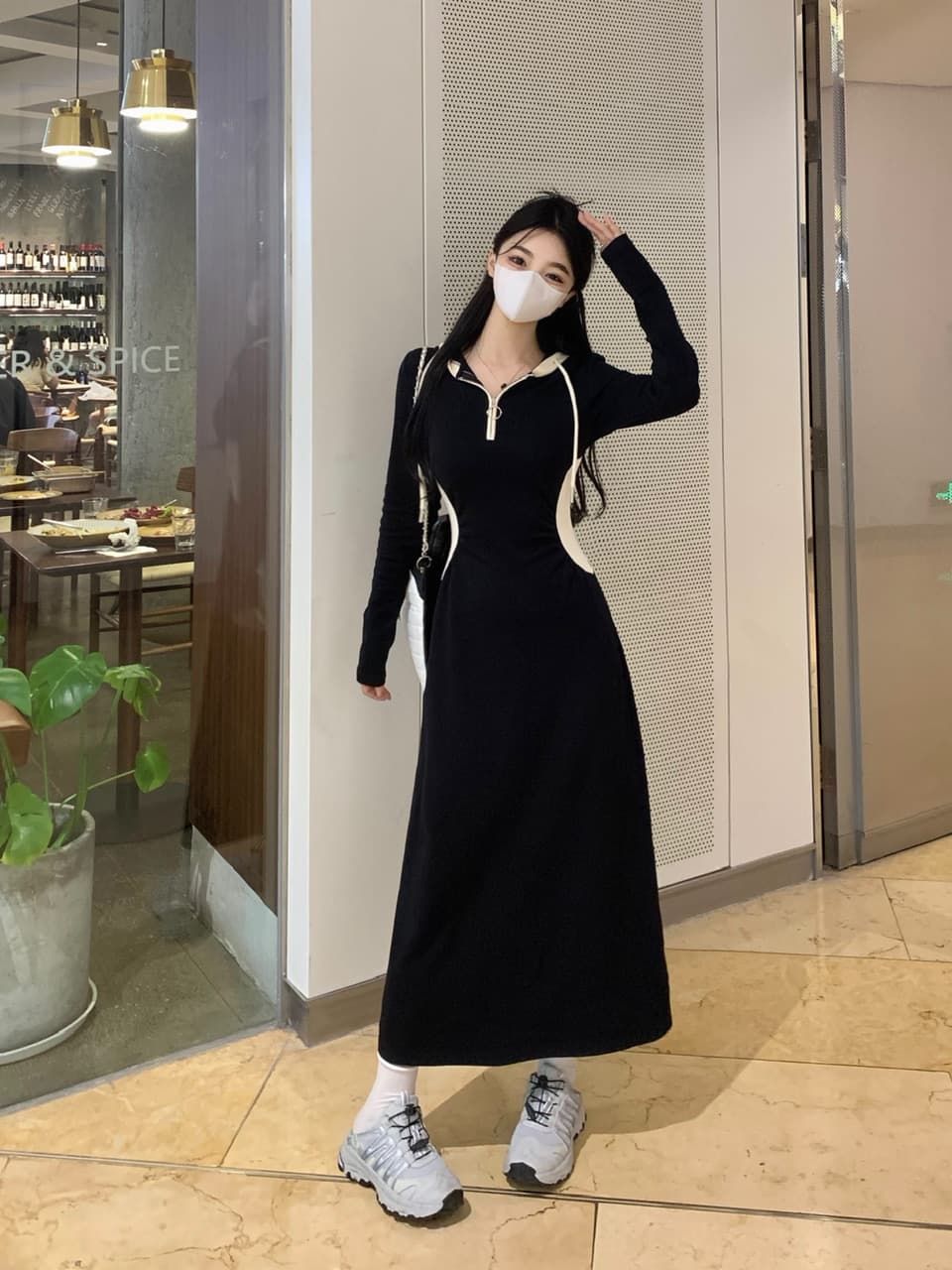 실사 빅 사이즈 배색 후드 긴팔 여성 드레스 가을 검정색 치마 디자인 센스 무릎 아래 Chic 롱 스커트 상세 이미지 7