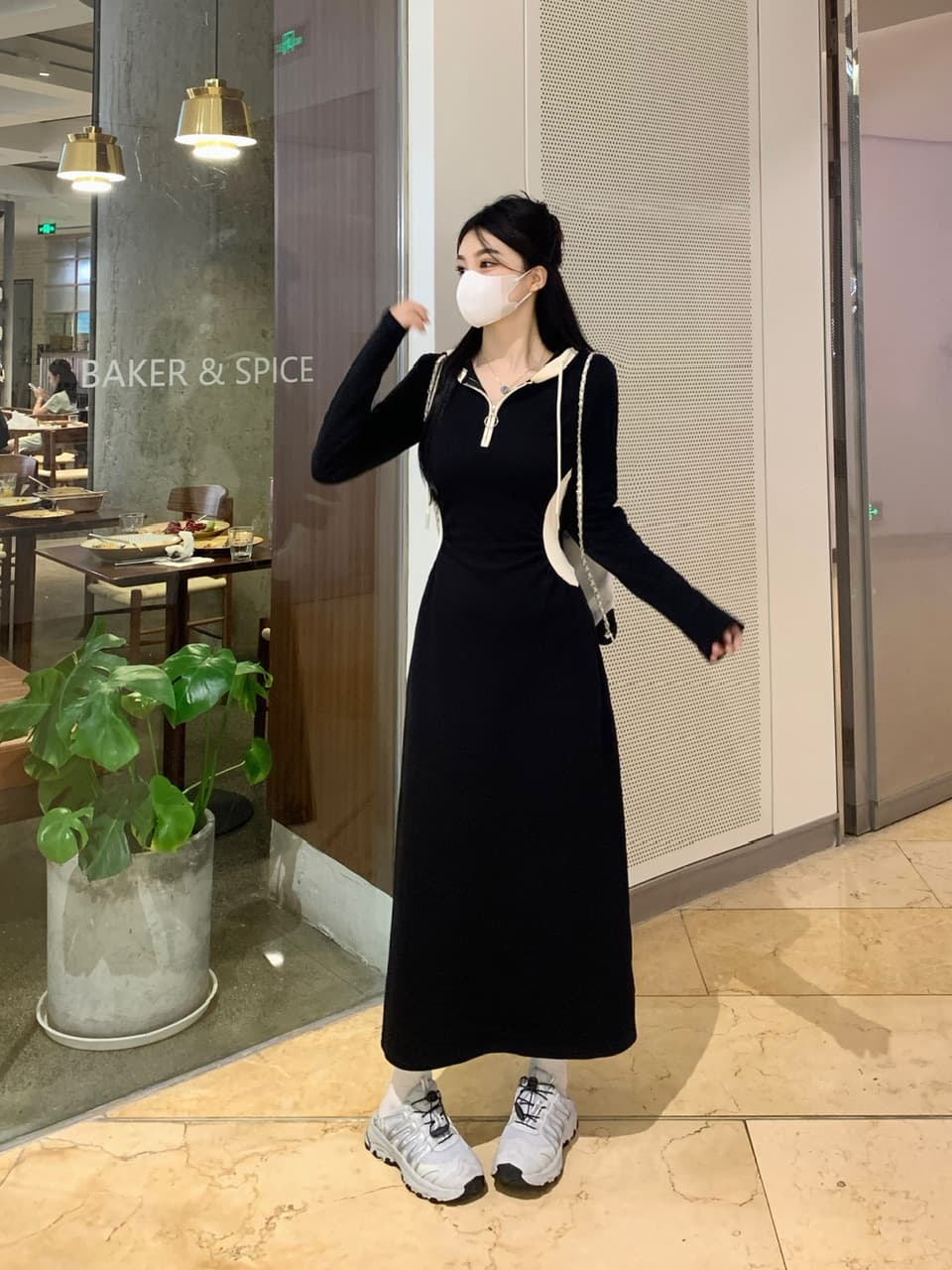 실사 빅 사이즈 배색 후드 긴팔 여성 드레스 가을 검정색 치마 디자인 센스 무릎 아래 Chic 롱 스커트 상세 이미지 10