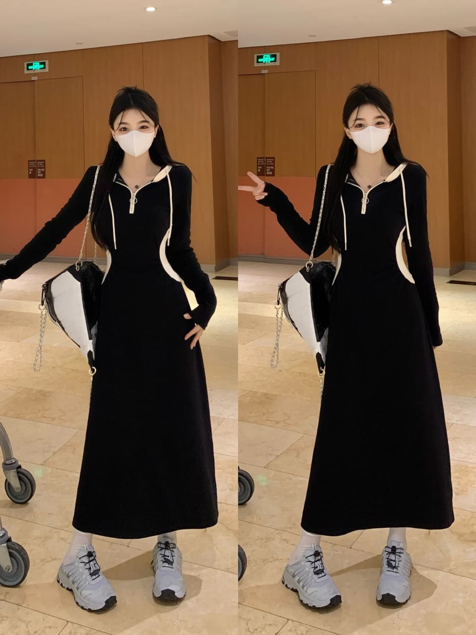 실사 빅 사이즈 배색 후드 긴팔 여성 드레스 가을 검정색 치마 디자인 센스 무릎 아래 Chic 롱 스커트 상세 이미지 15
