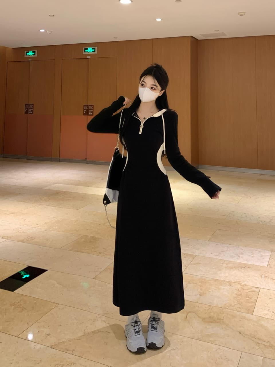 실사 빅 사이즈 배색 후드 긴팔 여성 드레스 가을 검정색 치마 디자인 센스 무릎 아래 Chic 롱 스커트 상세 이미지 16