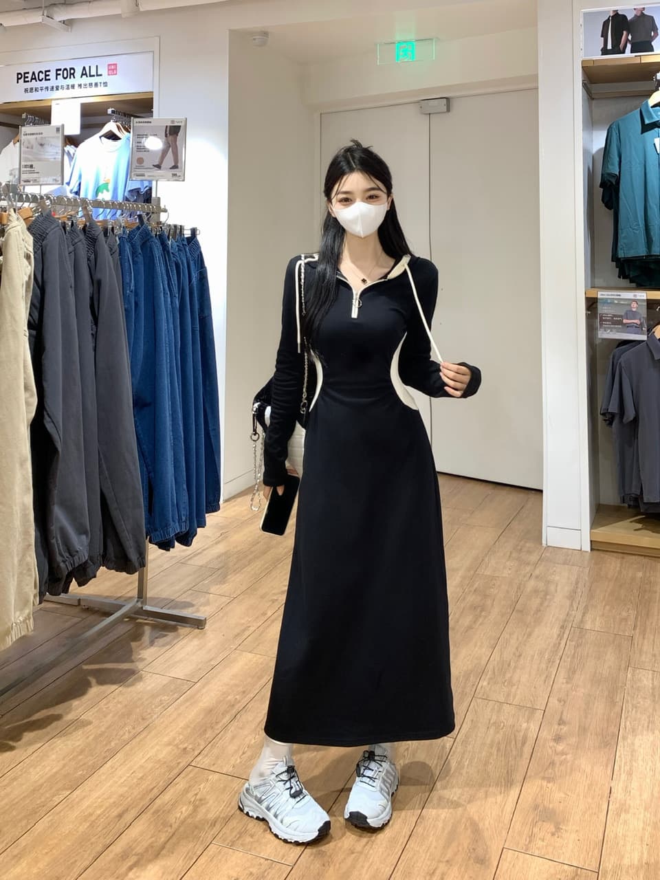실사 빅 사이즈 배색 후드 긴팔 여성 드레스 가을 검정색 치마 디자인 센스 무릎 아래 Chic 롱 스커트 상세 이미지 18