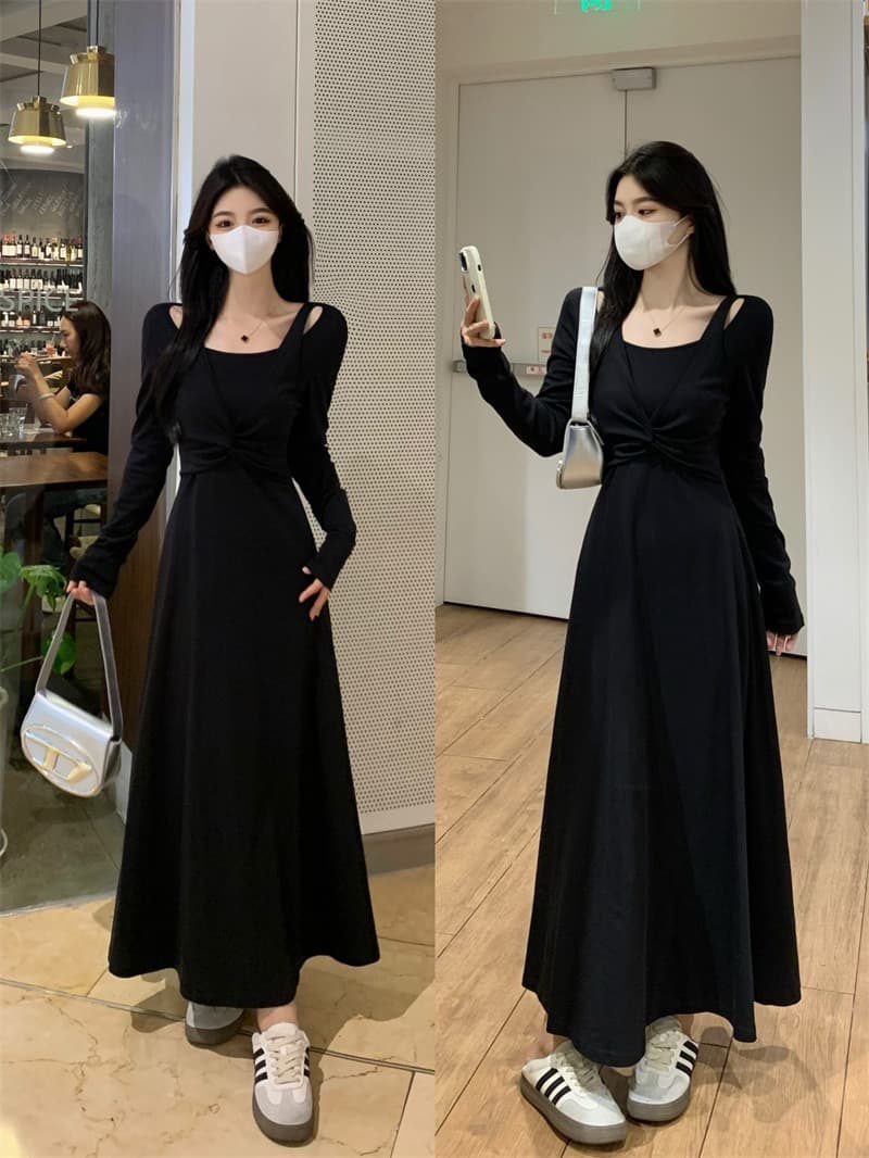 실사 품격 캐주얼 페이크 레이어드 가을 2025 새로운 프랑스식 비틀림 허리 수축 슬림해 보이는 한 마디 큰 진자 드레스 상세 이미지 1