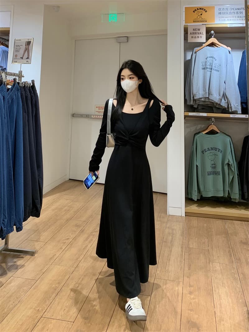 실사 품격 캐주얼 페이크 레이어드 가을 2025 새로운 프랑스식 비틀림 허리 수축 슬림해 보이는 한 마디 큰 진자 드레스 상세 이미지 10