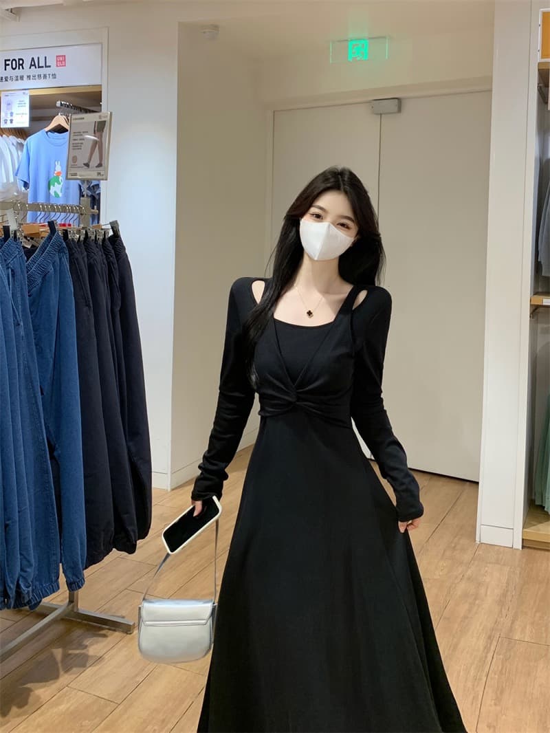 실사 품격 캐주얼 페이크 레이어드 가을 2025 새로운 프랑스식 비틀림 허리 수축 슬림해 보이는 한 마디 큰 진자 드레스 상세 이미지 12