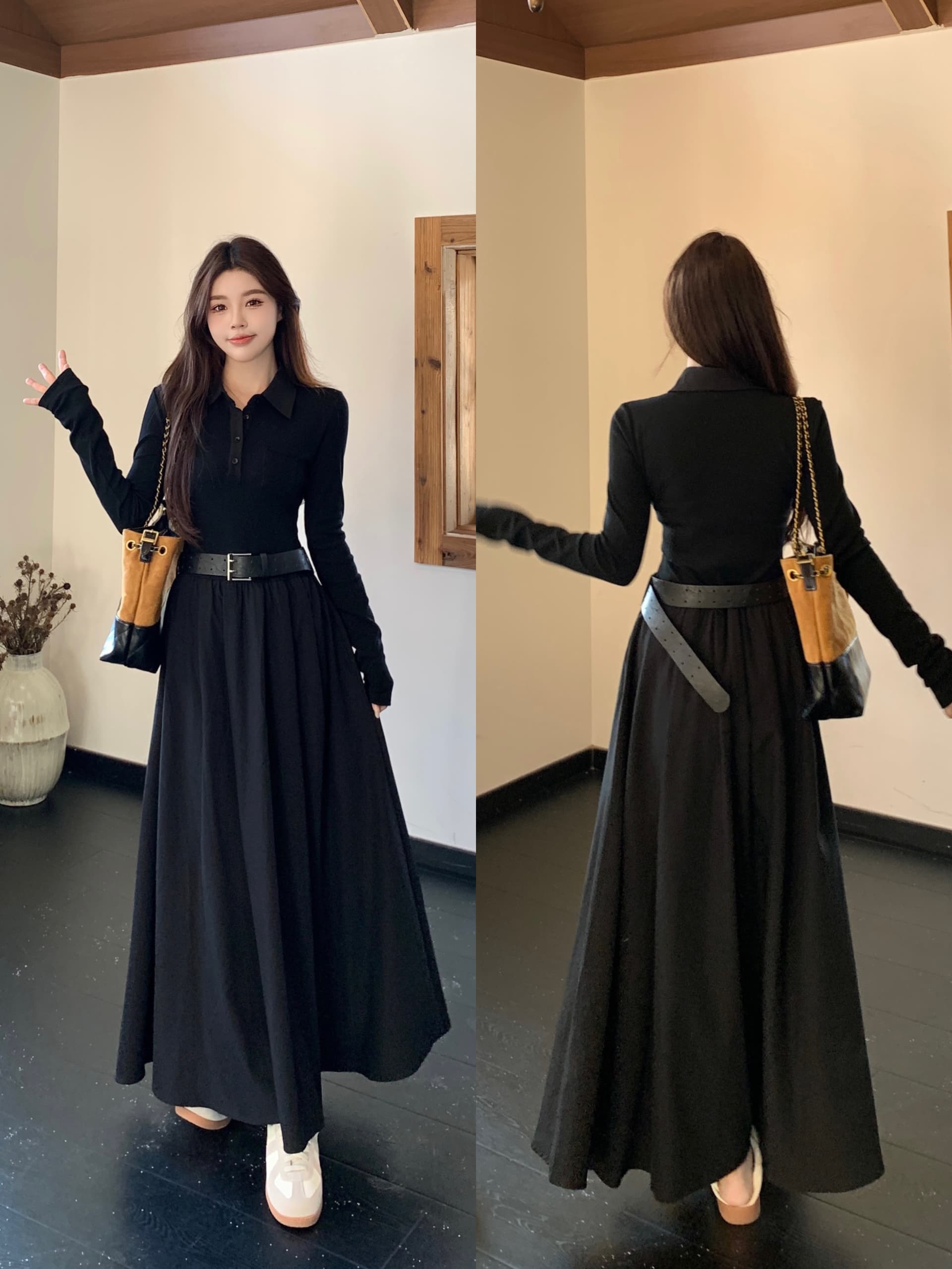 실사 빅 사이즈 가을 새로운 한 부서 POLO 칼라 니트 패치워크 슬림해 보이는 허리밴드 빅 플레어 스커트 캐주얼 드레스 상세 이미지 1