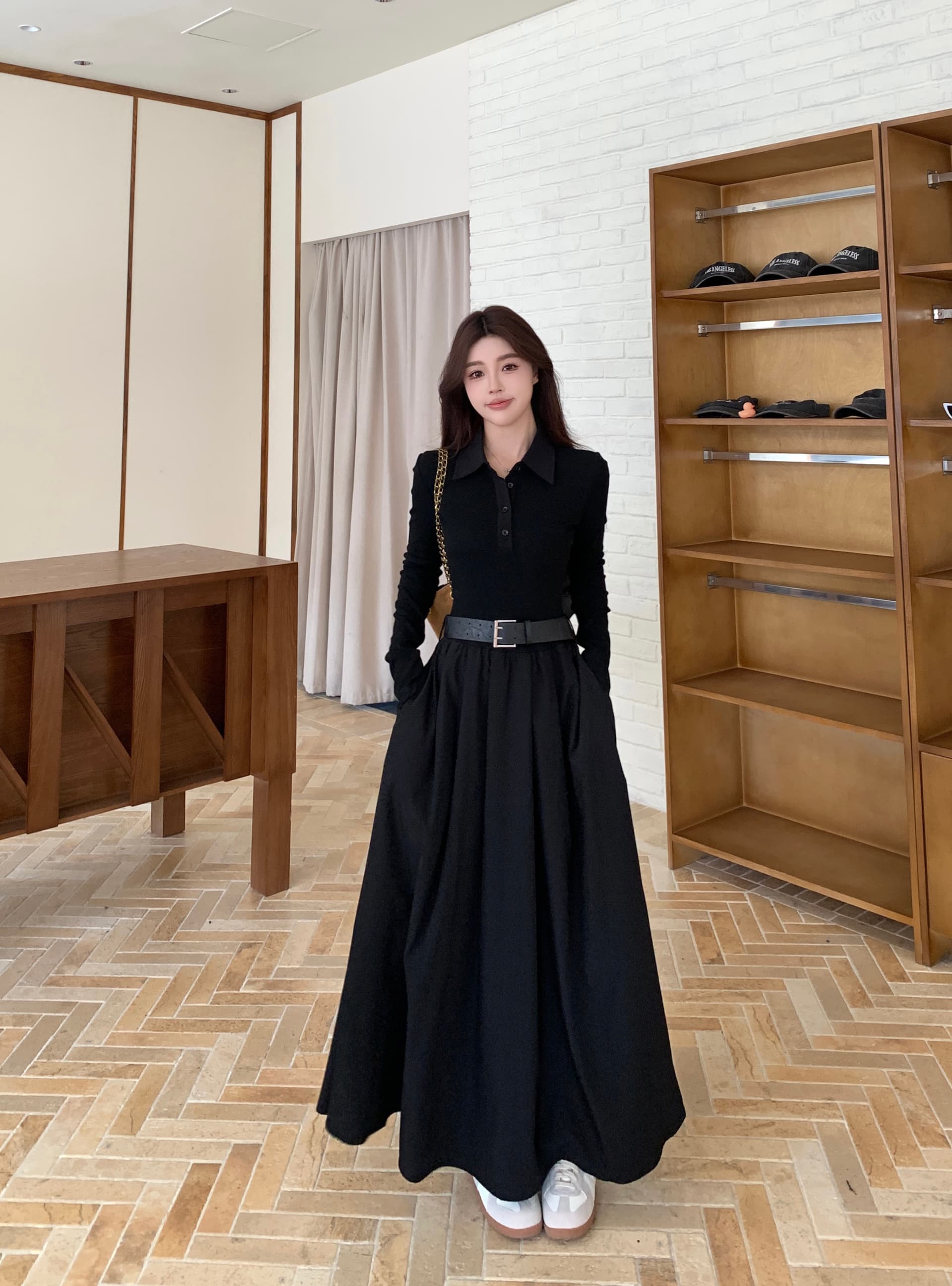 실사 빅 사이즈 가을 새로운 한 부서 POLO 칼라 니트 패치워크 슬림해 보이는 허리밴드 빅 플레어 스커트 캐주얼 드레스 상세 이미지 8