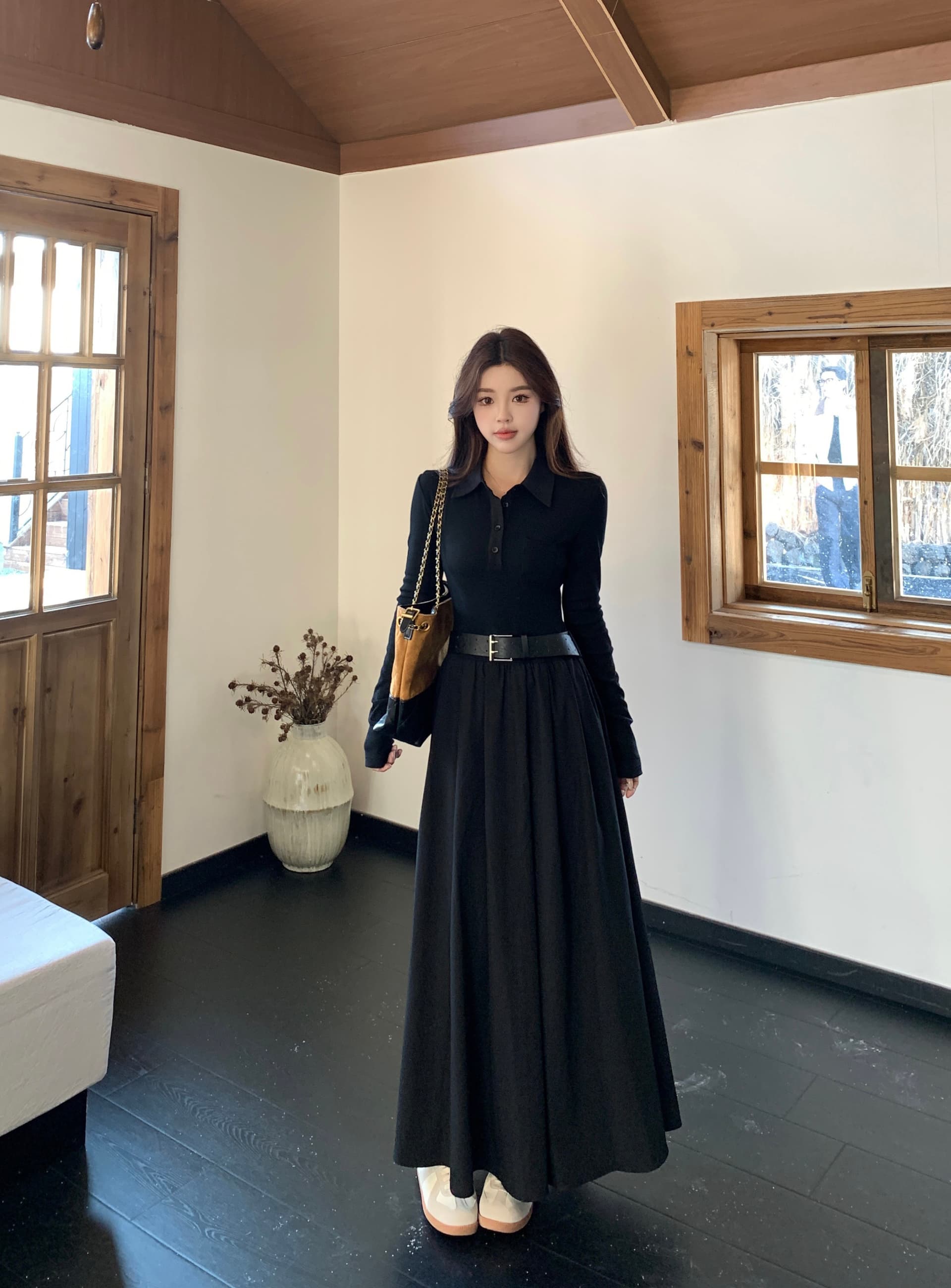 실사 빅 사이즈 가을 새로운 한 부서 POLO 칼라 니트 패치워크 슬림해 보이는 허리밴드 빅 플레어 스커트 캐주얼 드레스 상세 이미지 10